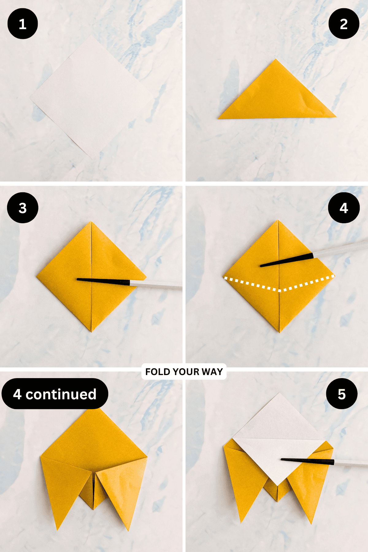 Steps 1 to 5 for folding an origami cicada.
