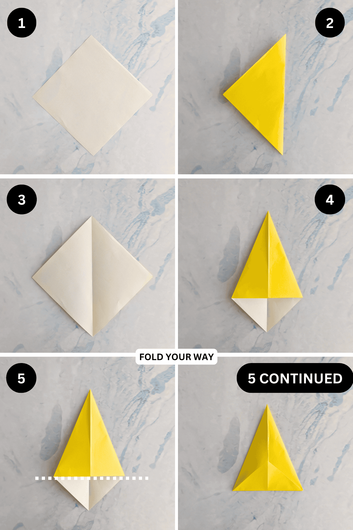 Steps 1 to 5 for folding an origami pear.