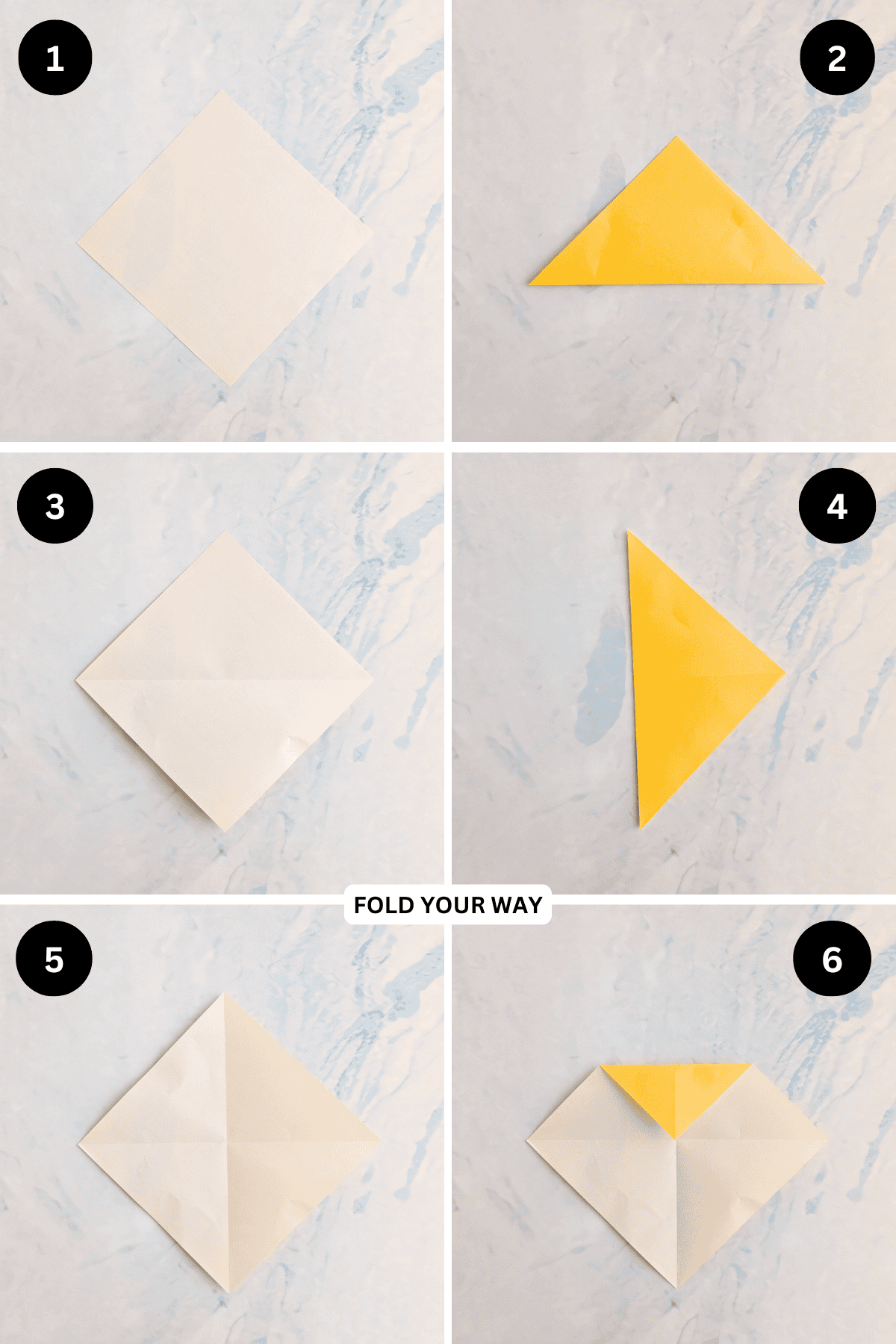 Steps 1 to 6 for folding an origami bee.