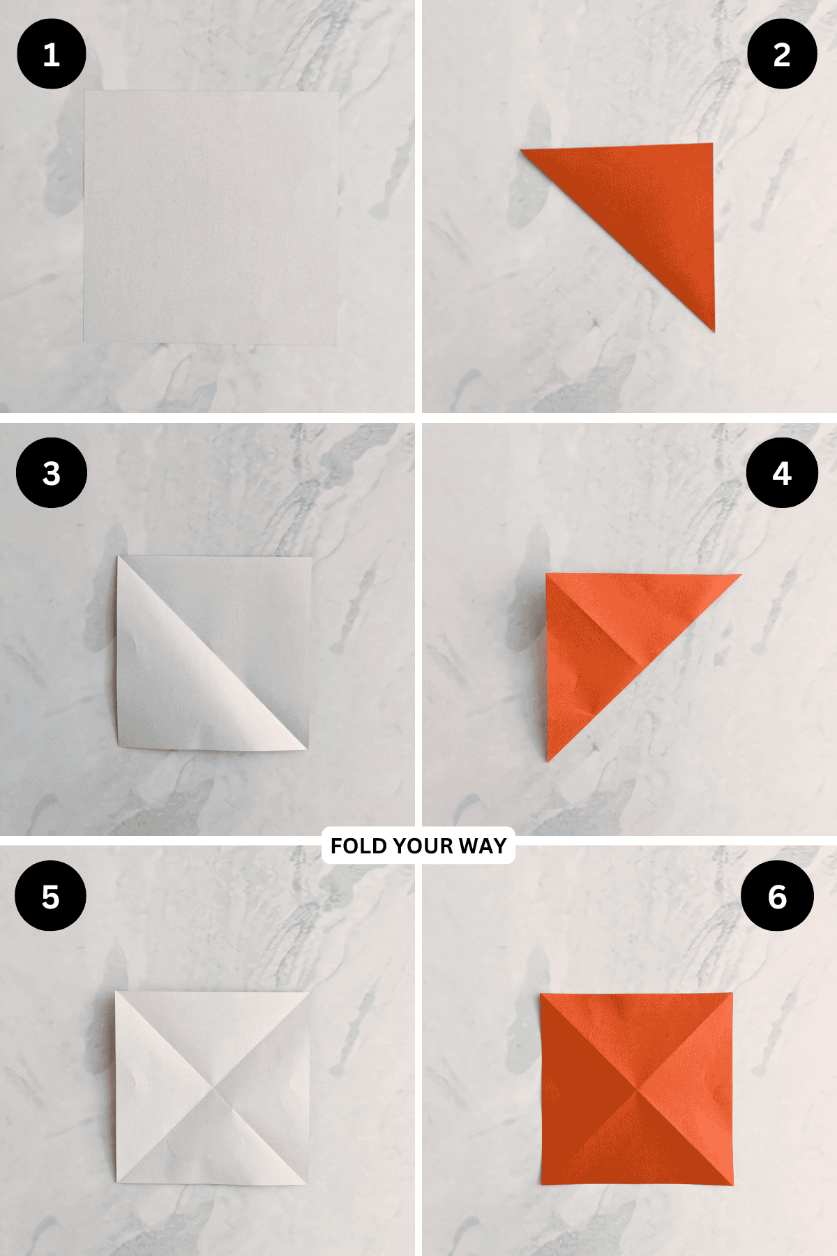 Steps 1 to 6 for folding an origami crab.