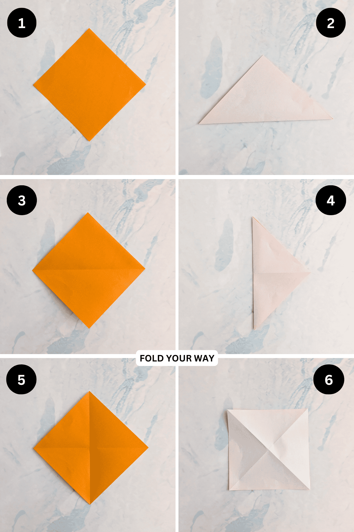 Steps 1 to 6 for folding a simple origami star box.