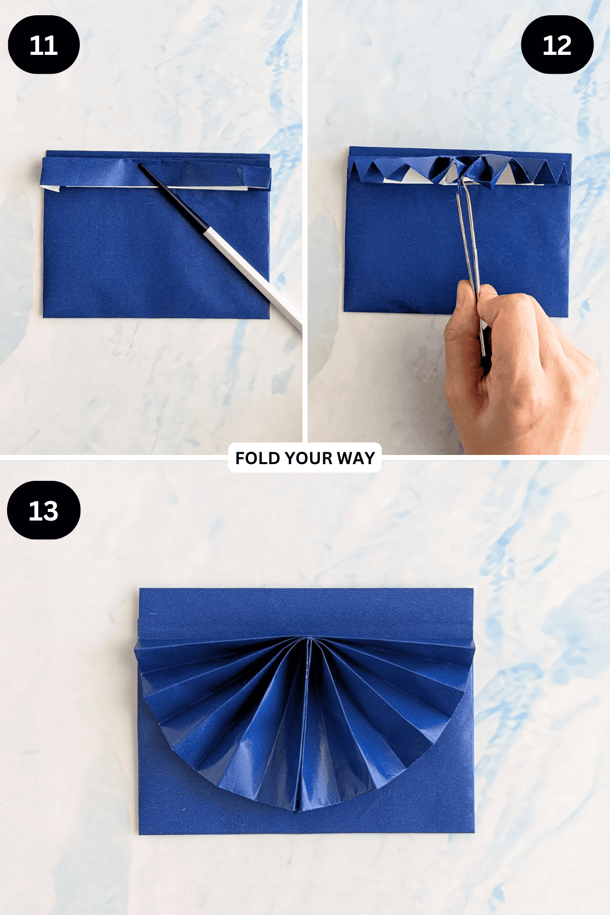 Steps 11 to 13 for folding an envelope with fan.