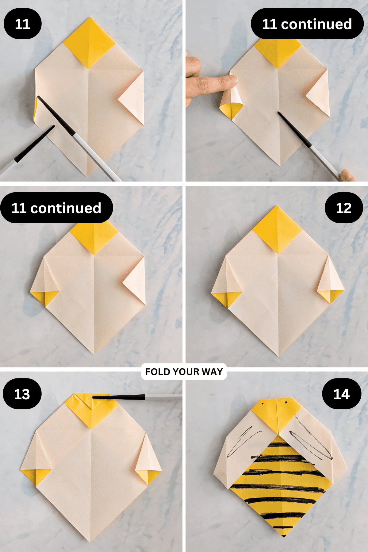 Steps 11 to 14 for folding an origami bee.