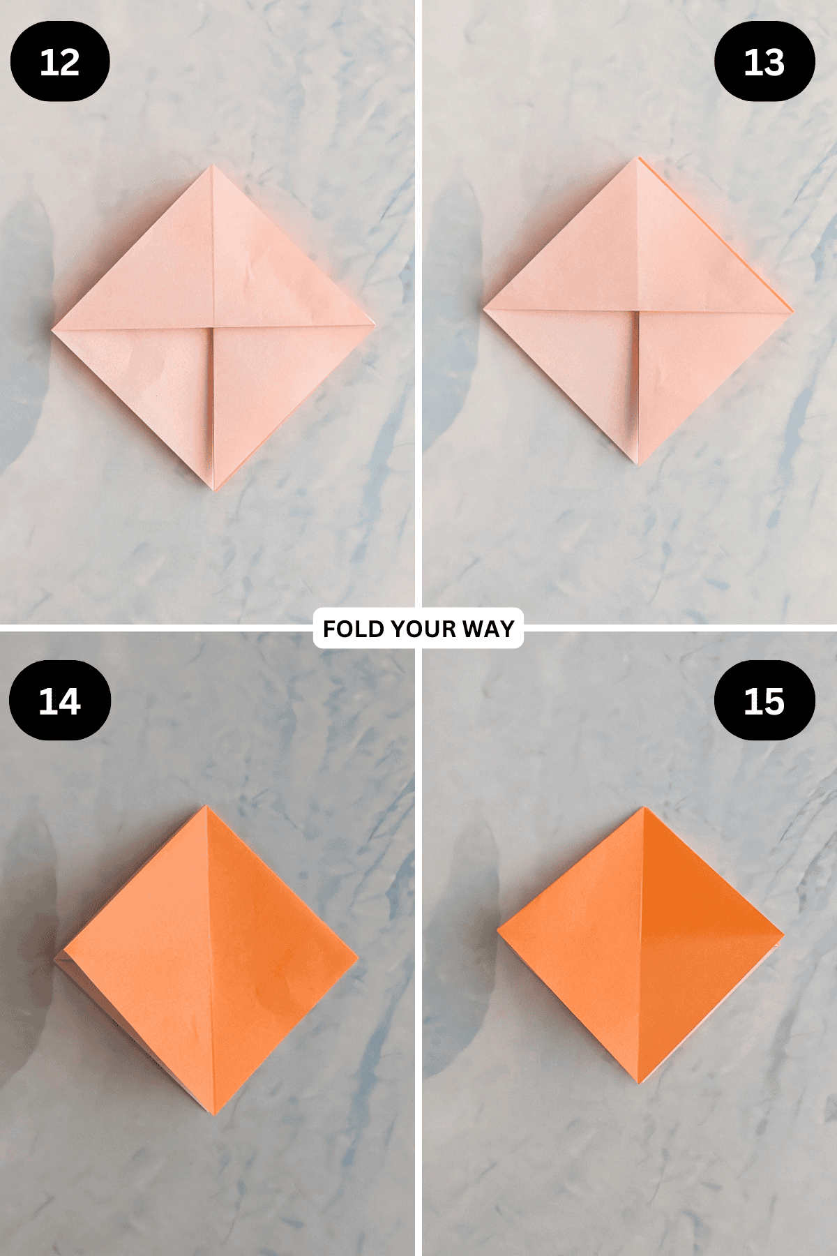 Steps 12 to 15 for folding an origami crane box.