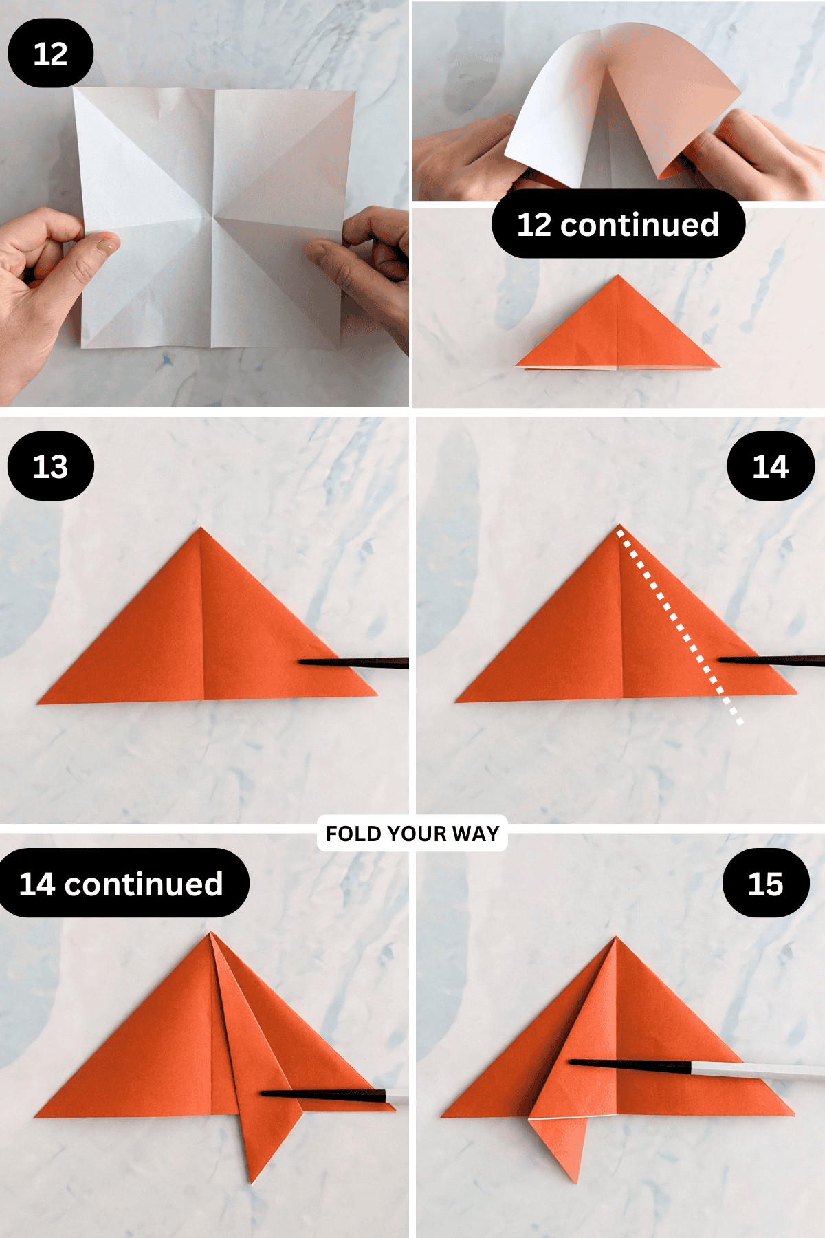Steps 12 to 15 for folding an origami crab.