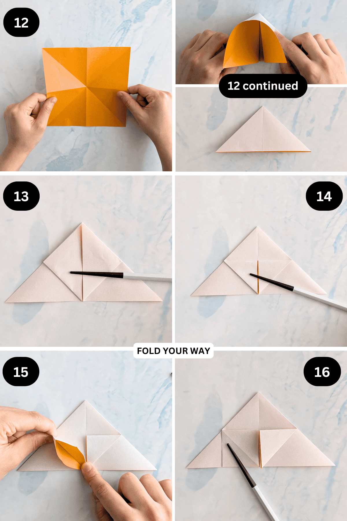Steps 12 to 16 for folding a simple origami star box.