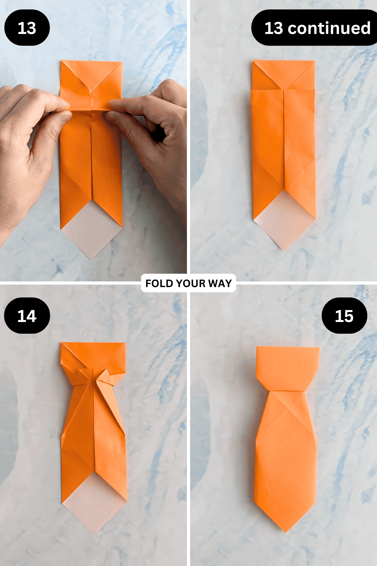 Steps 13 to 15 for folding an origami tie.