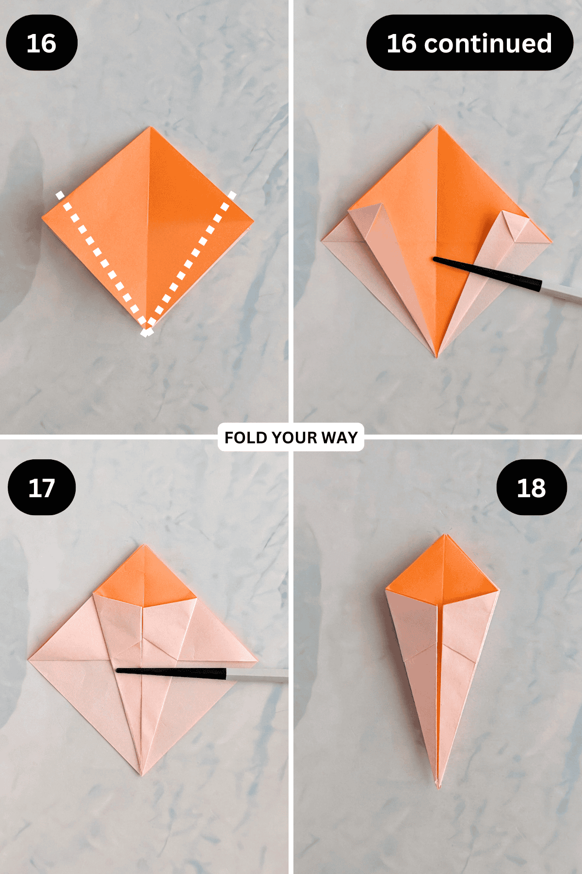 Steps 16 to 18 for folding an origami crane box.