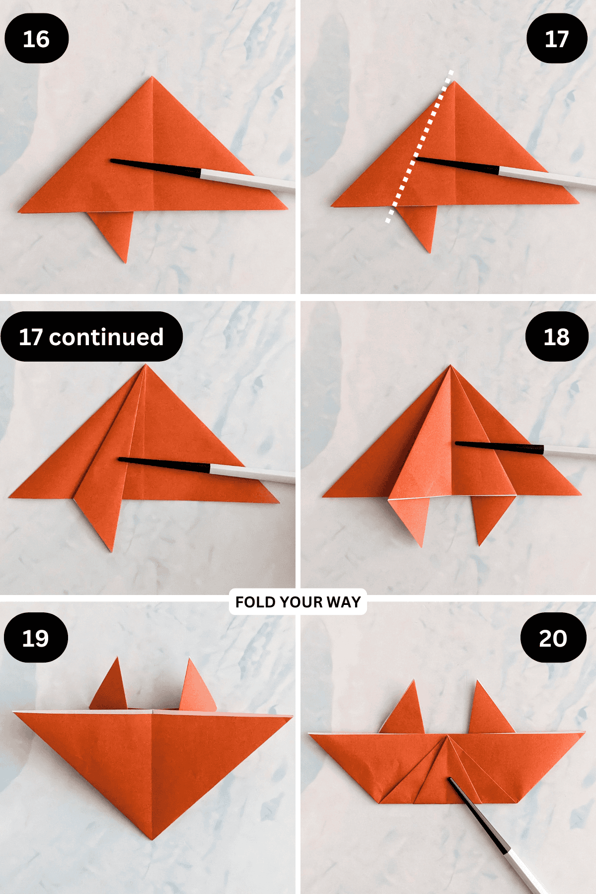 Steps 16 to 20 for folding an origami crab.