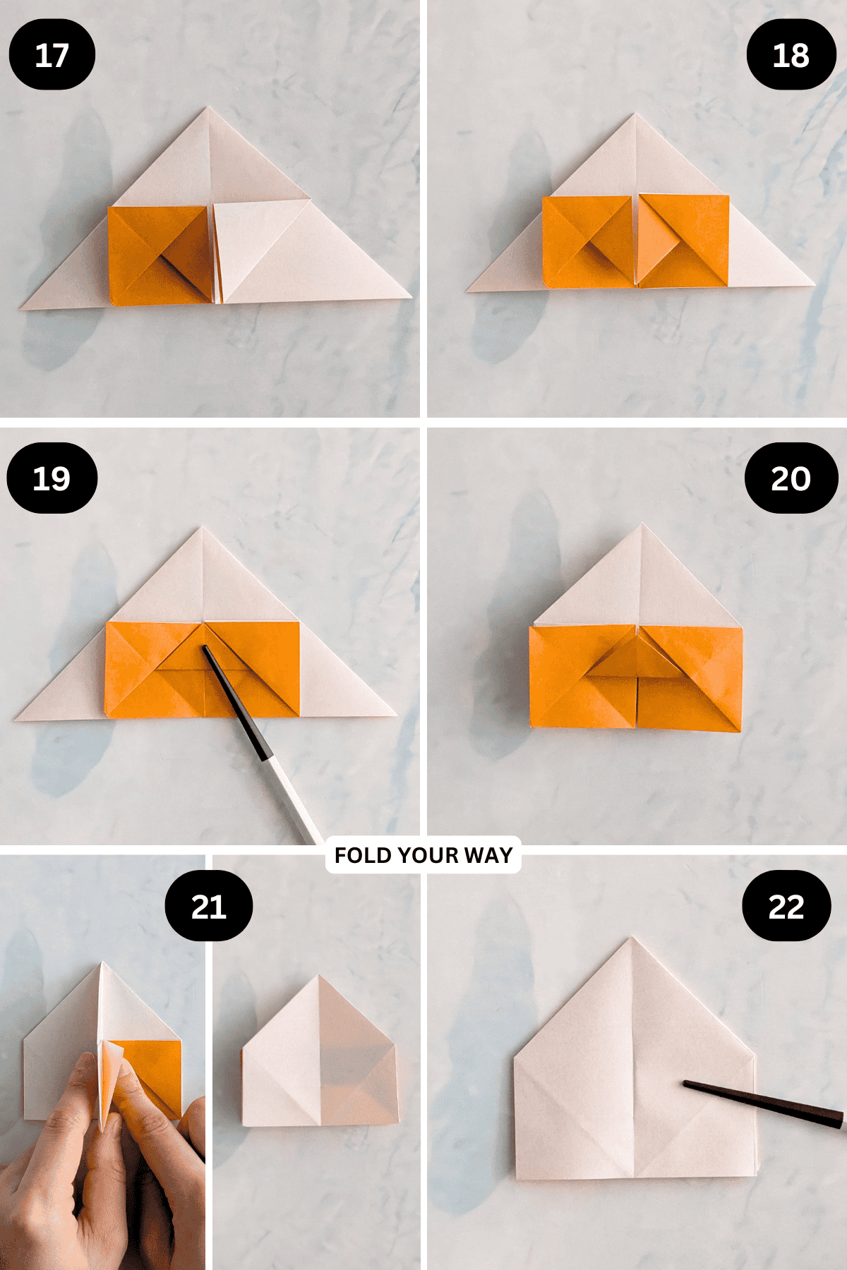 Steps 17 to 22 for folding a simple origami star box.