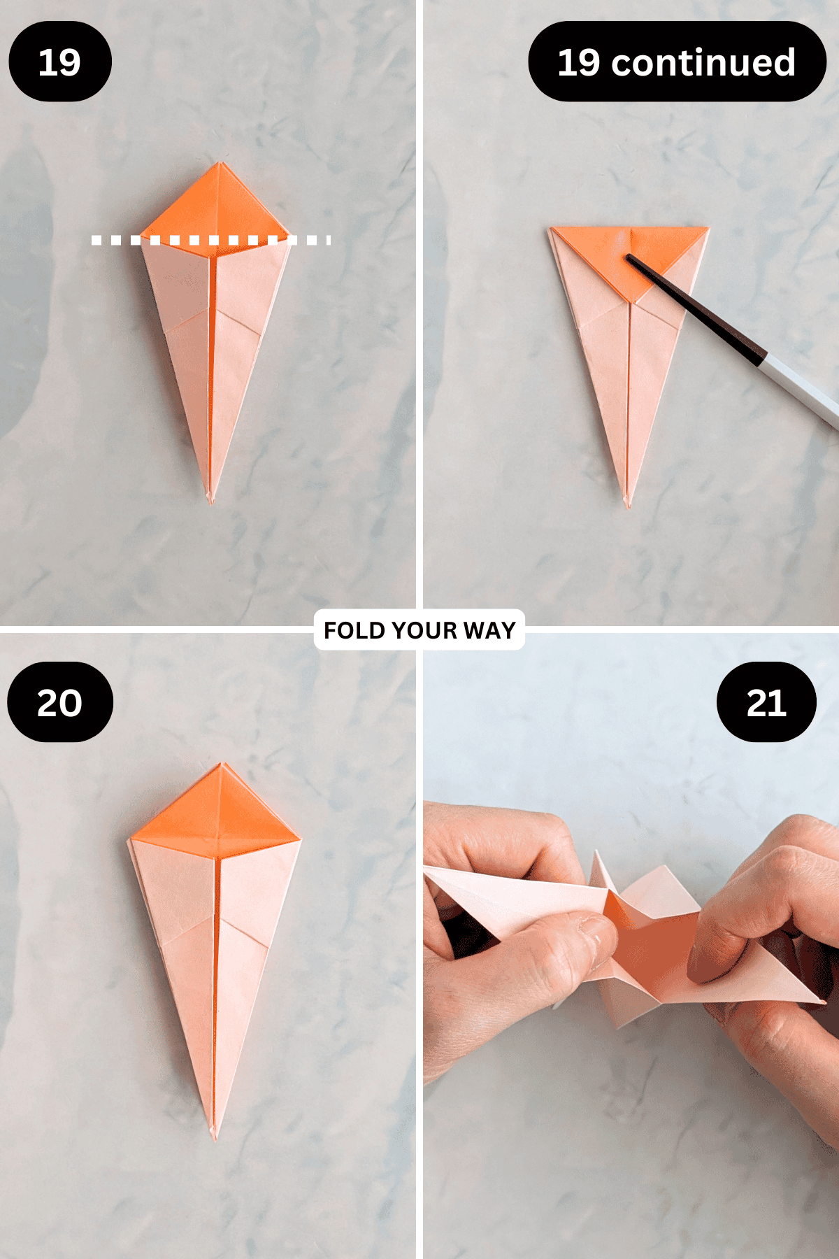 Steps 19 to 21 for folding an origami crane box.