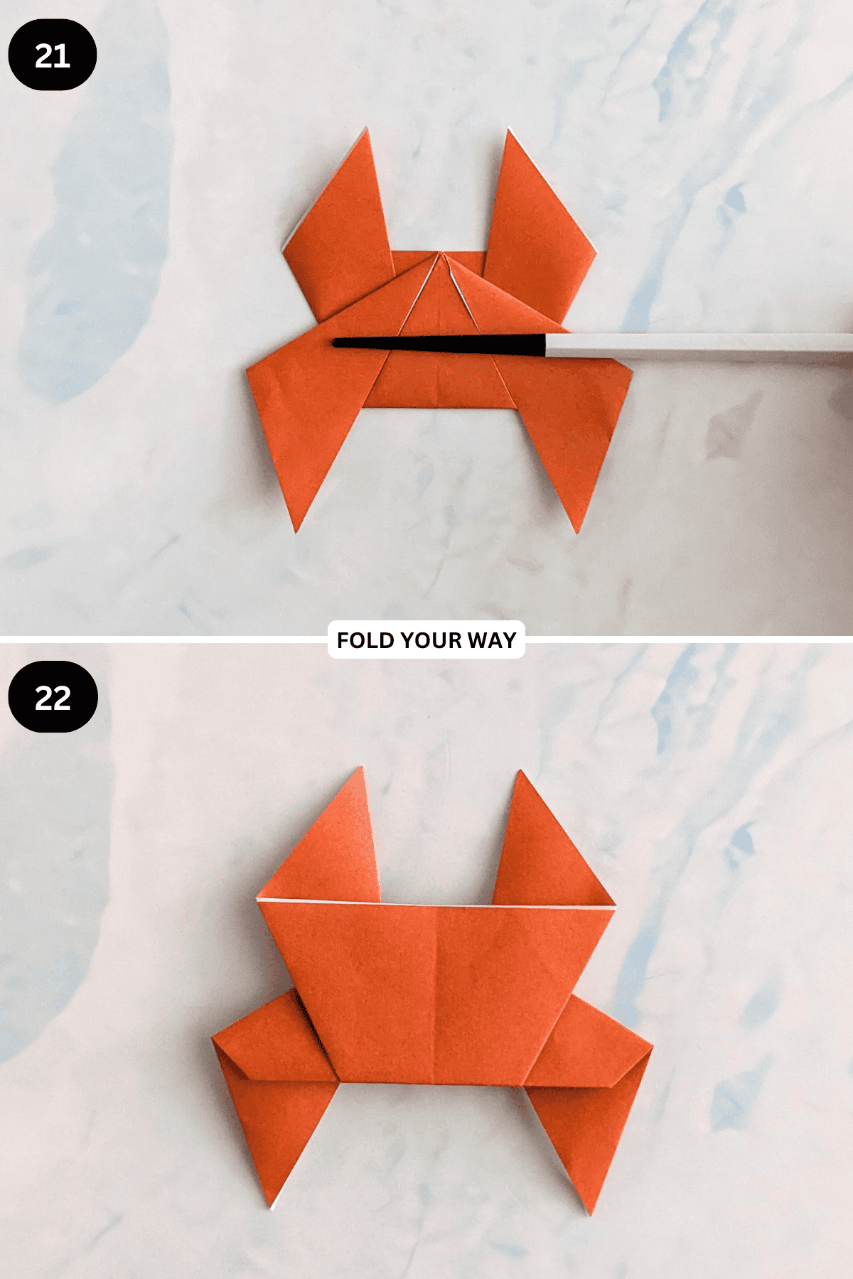 Steps 21 to 22 for folding an origami crab.