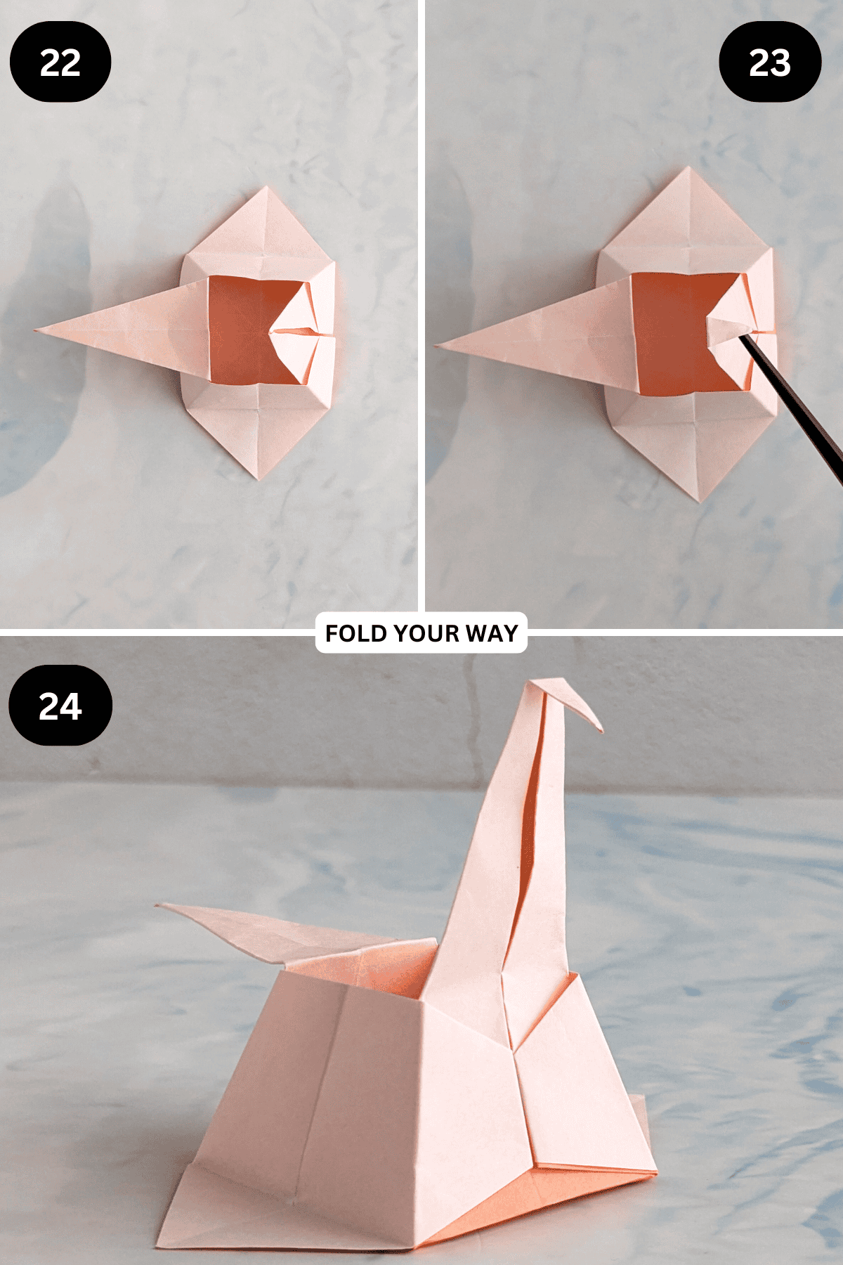 Steps 22 to 24 for folding an origami crane box.