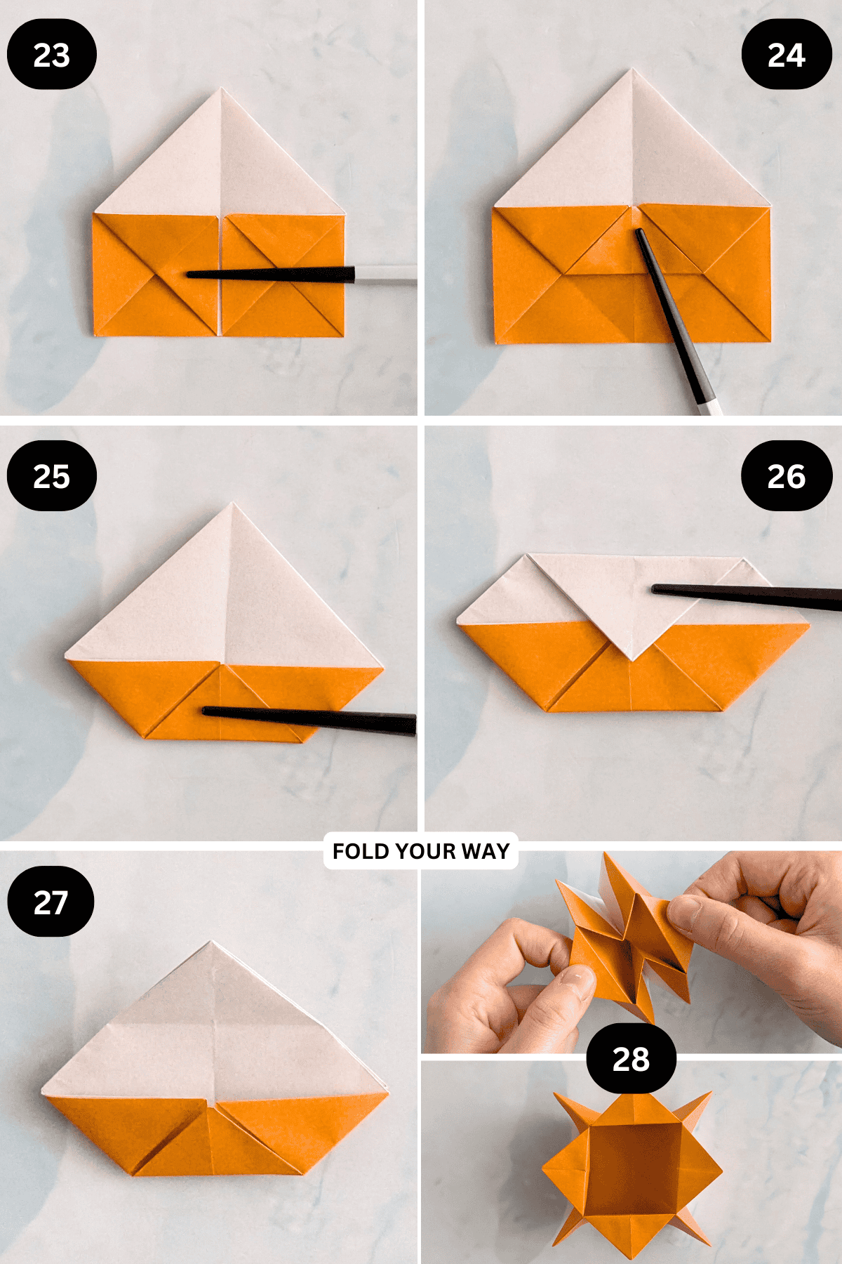 Steps 23 to 28 for folding a simple origami star box.