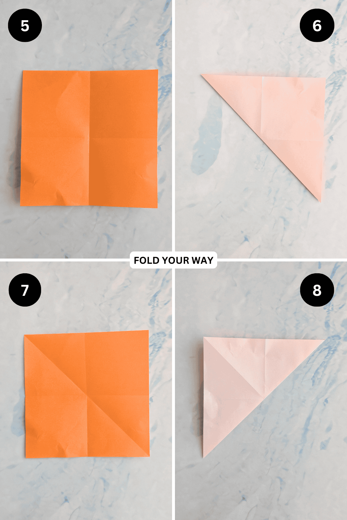 Steps 5 to 8 for folding an origami crane box.