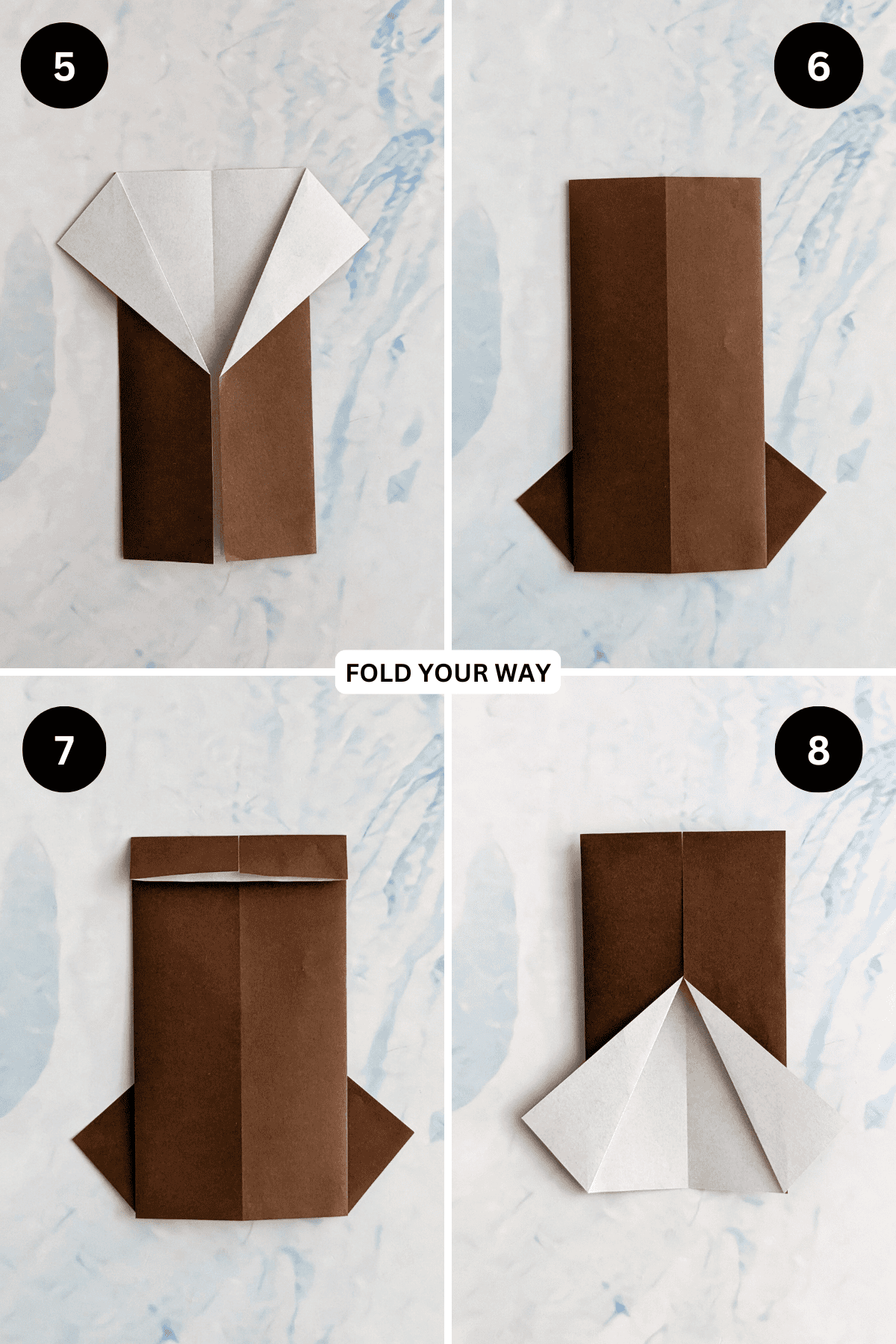 Steps 5 to 8 for folding an origami shirt.