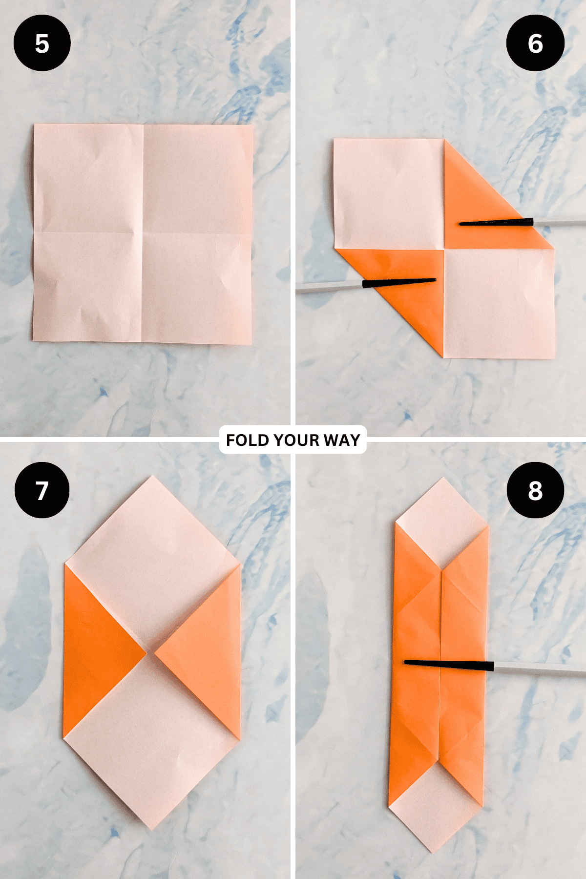 Steps 5 to 8 for folding an origami tie.