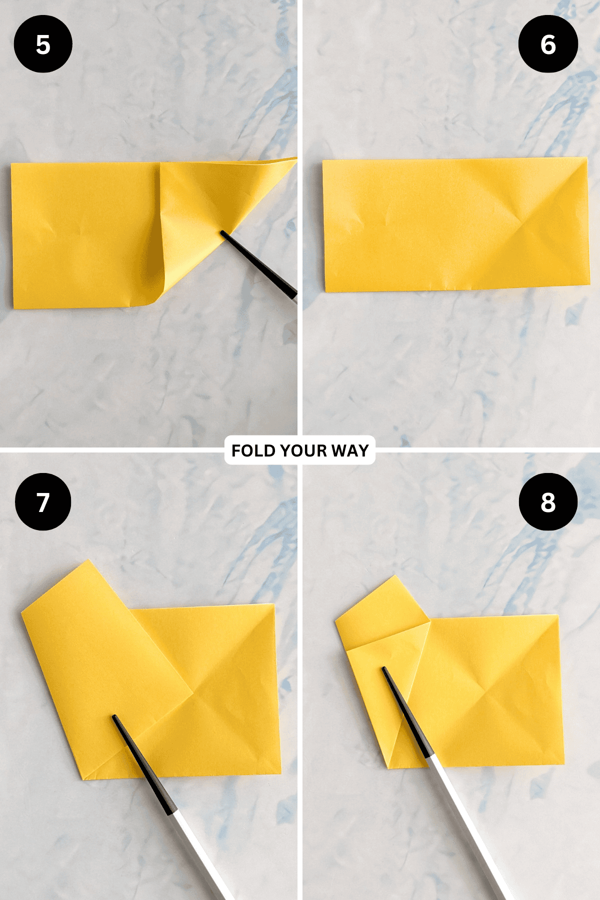 Steps 5 to 8 for making a paper star.