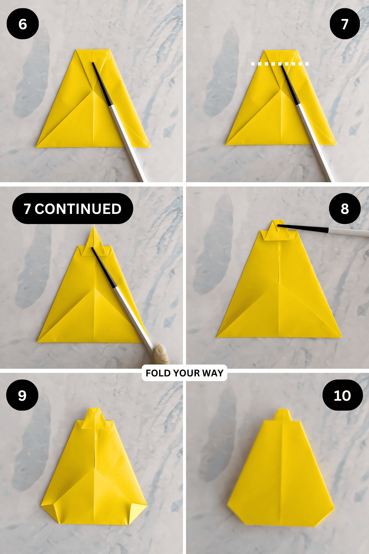 Steps 6 to 10 for folding an origami pear.