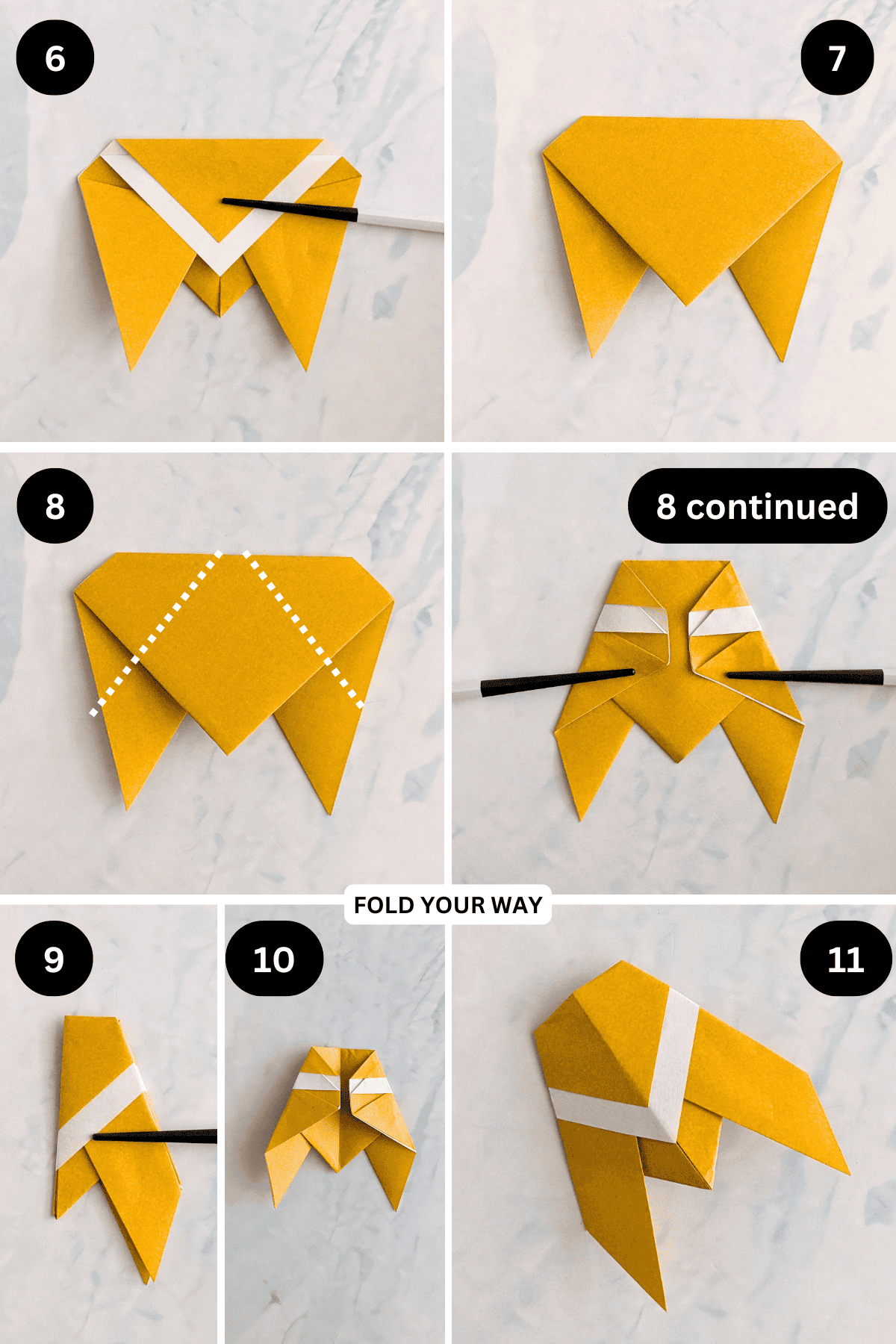 Steps 6 to 11 for folding an origami cicada.