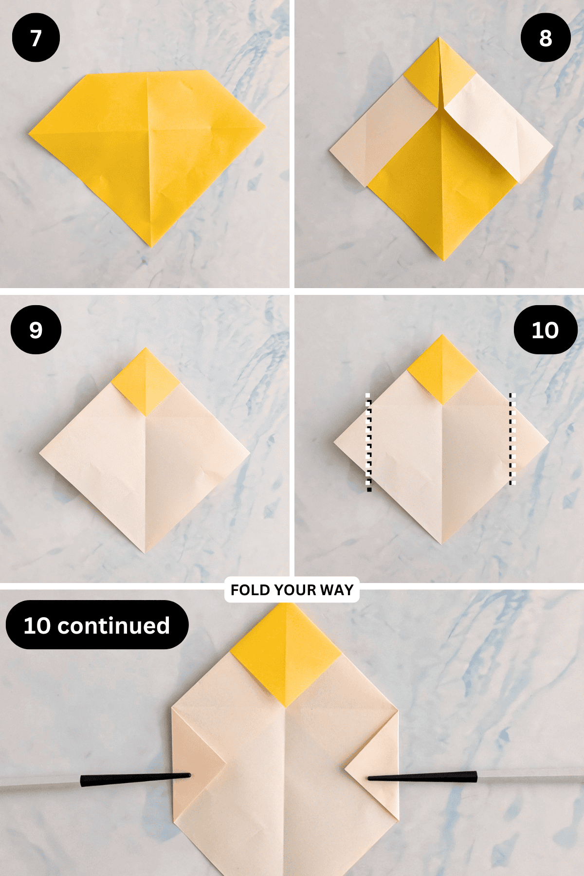 Steps 7 to 10 for folding an origami bee.