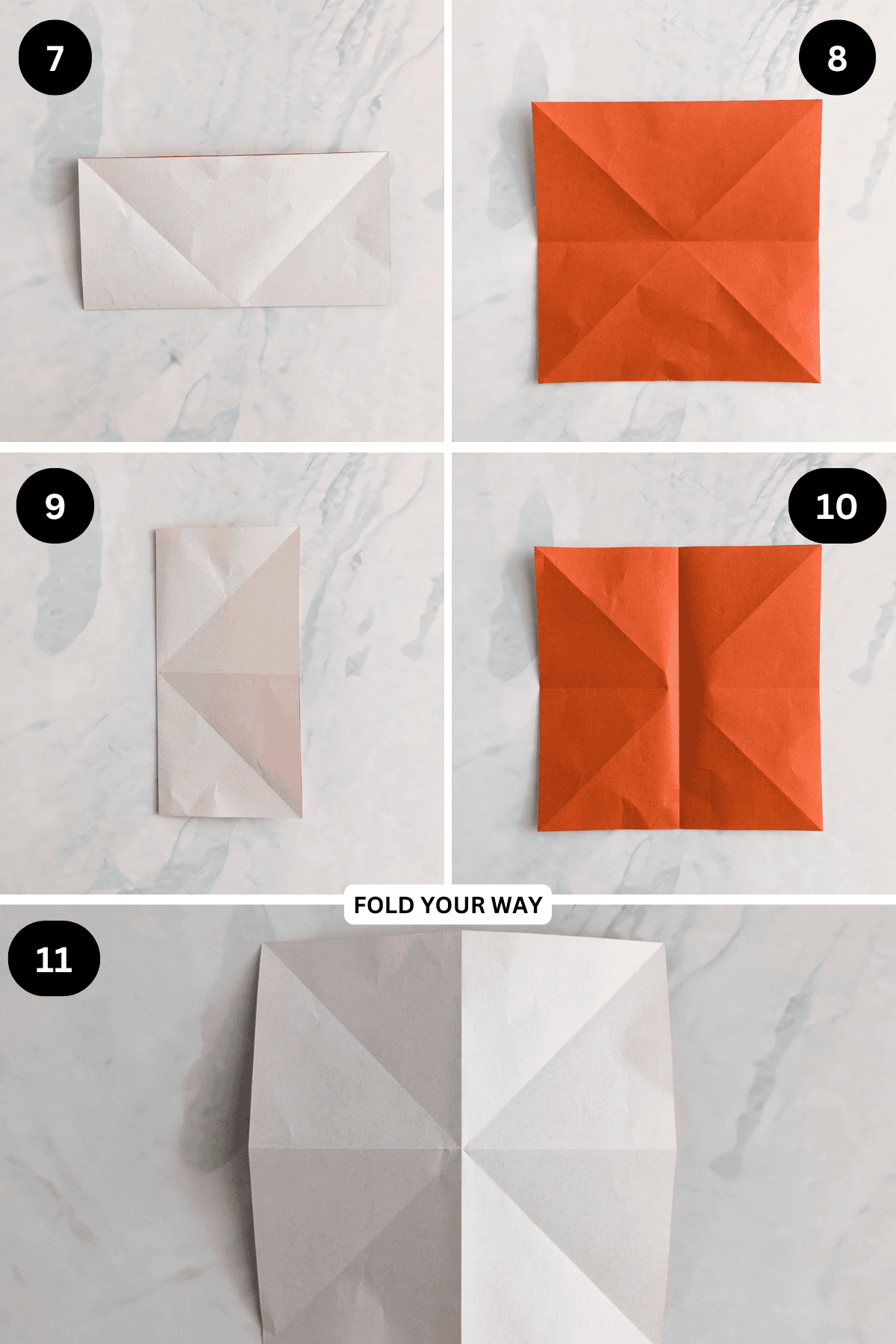 Steps 7 to 11 for folding an origami crab.