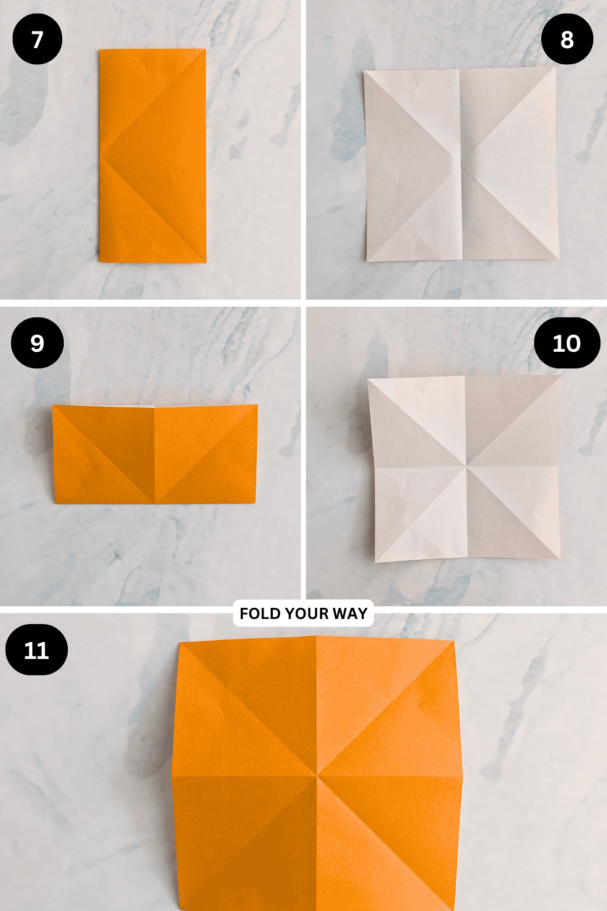 Steps 7 to 11 for folding a simple origami star box.