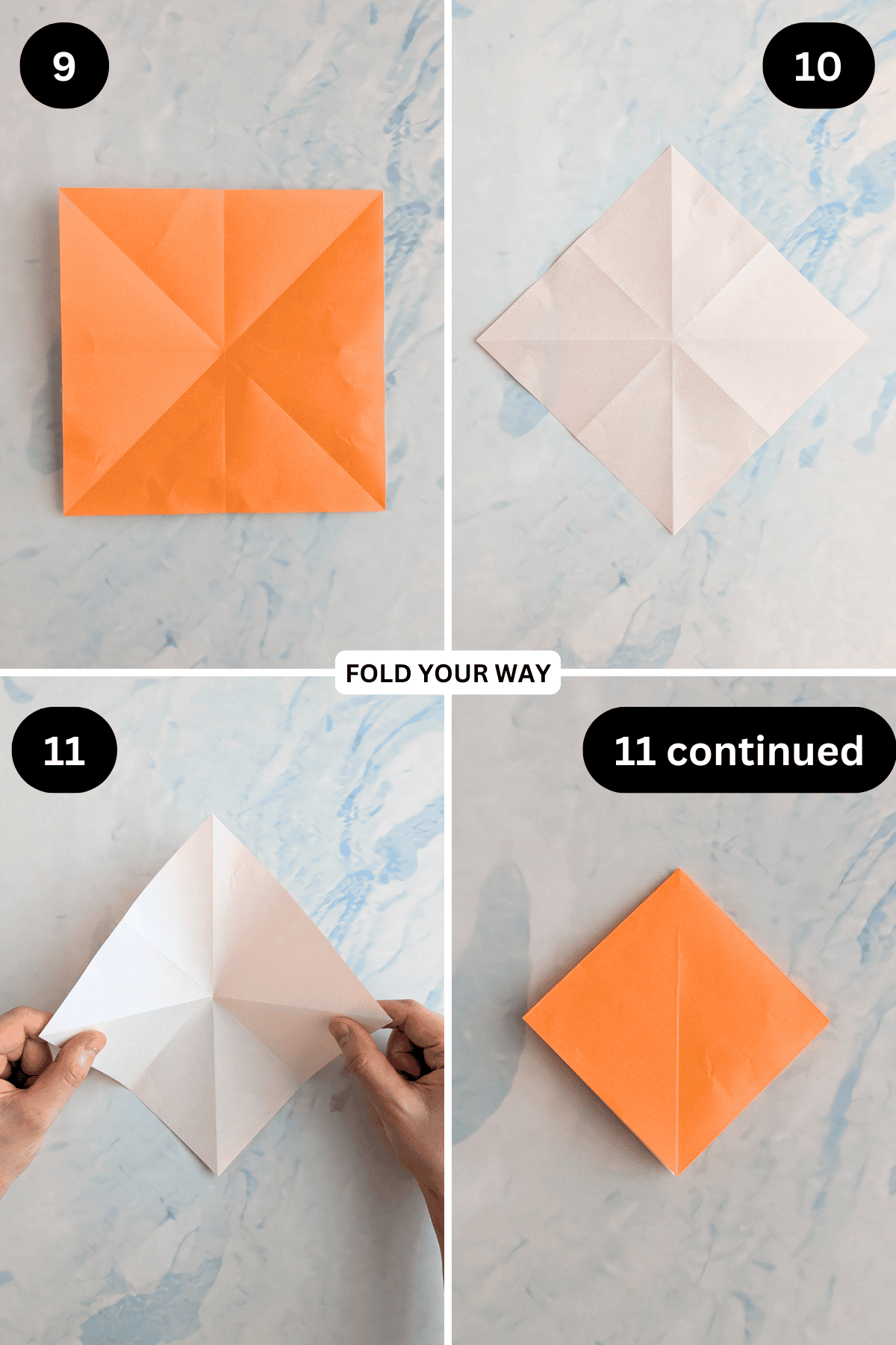 Steps 9 to 11 for folding an origami crane box.