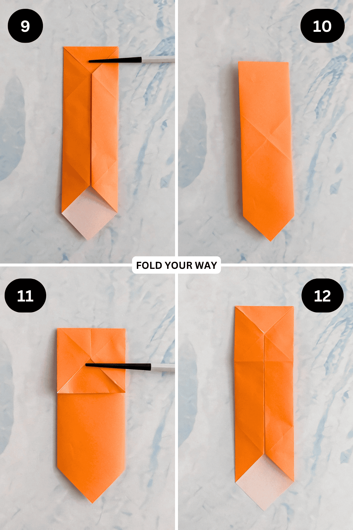 Steps 9 to 12 for folding an origami tie.