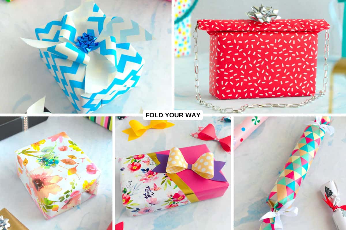 Collage of wrapped gifts.