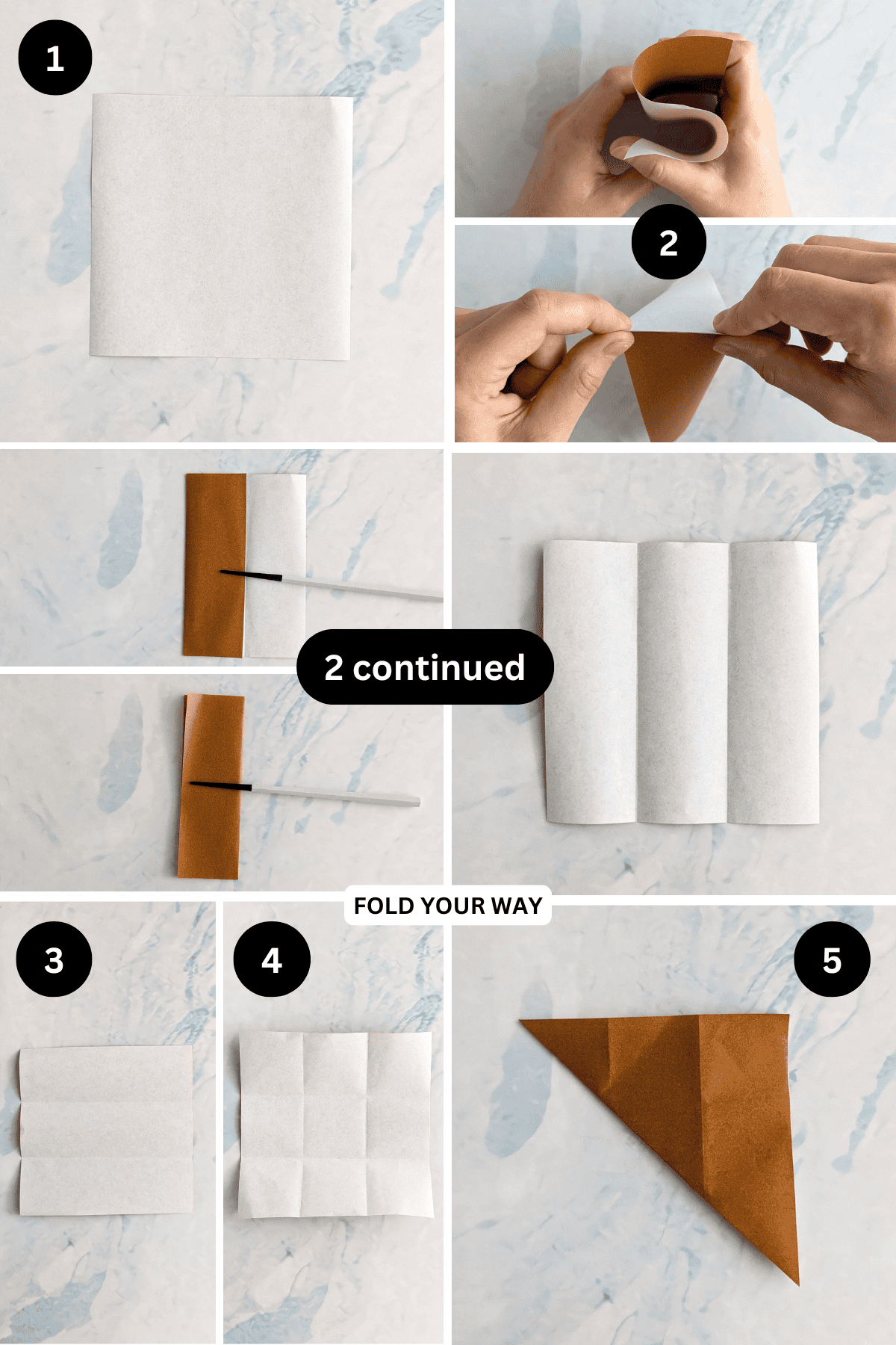 Steps 1 to 5 for folding an origami desk organizer.