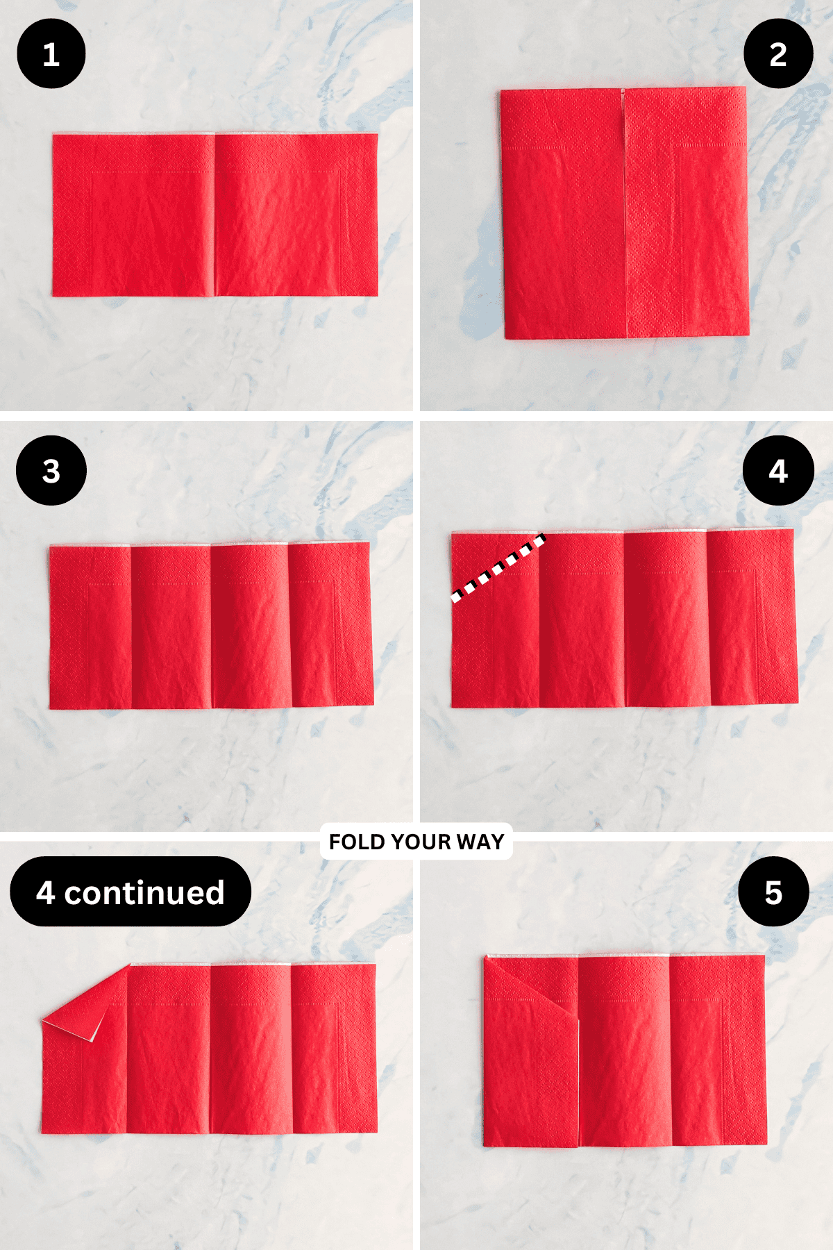 Steps 1 to 5 for folding a pleated pocket napkin fold.