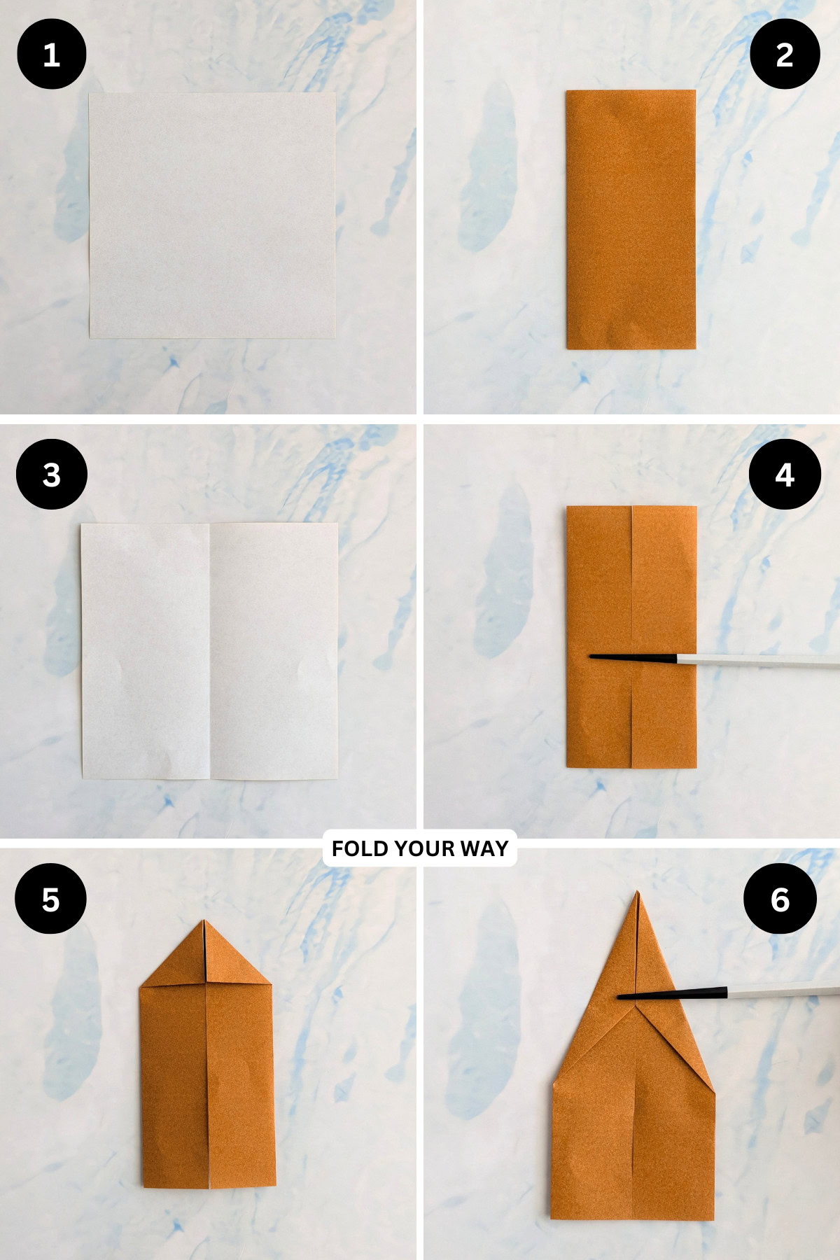 Steps 1 to 6 for folding an origami turkey.