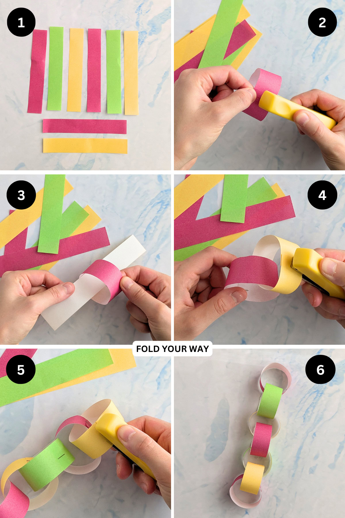 Steps 1 to 6 for making a DIY paper chain.