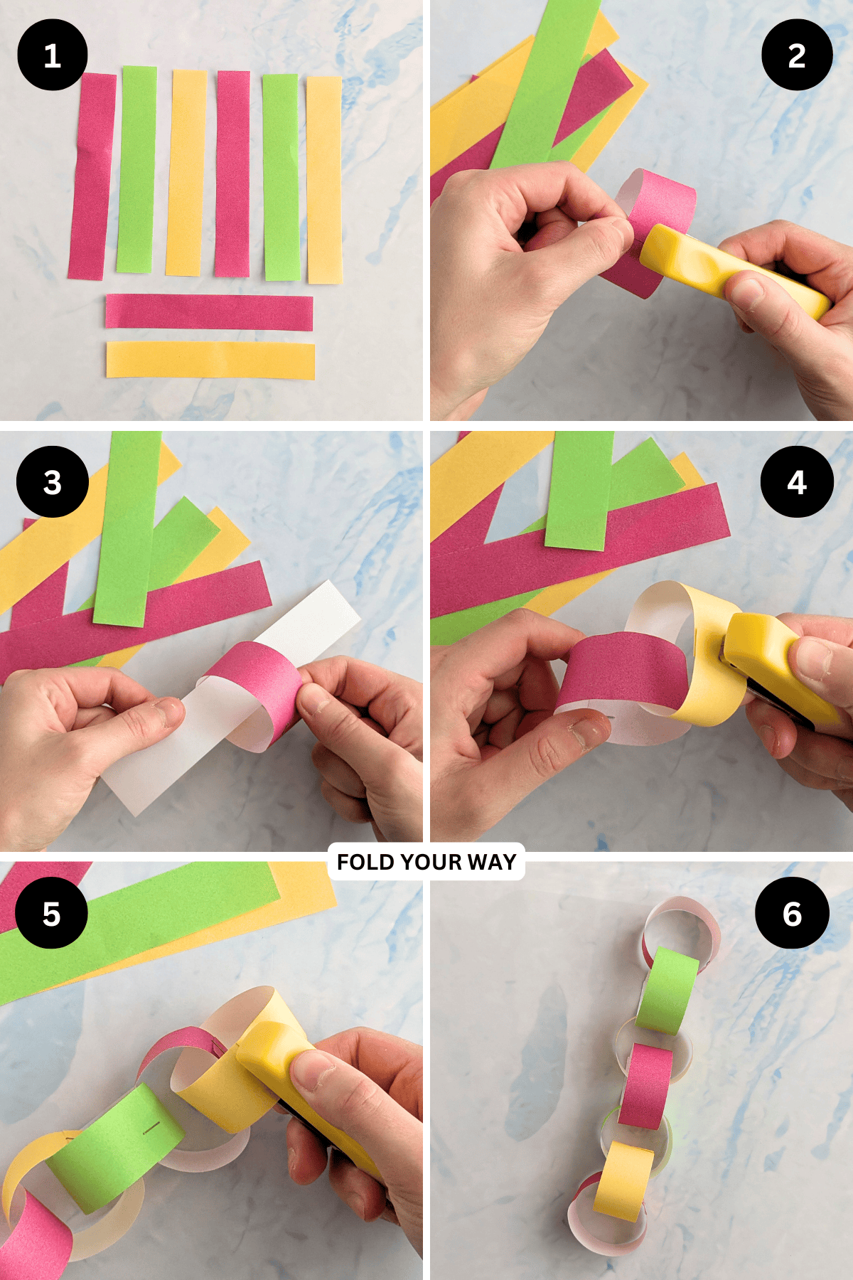 Steps 1 to 6 for making a DIY paper chain.