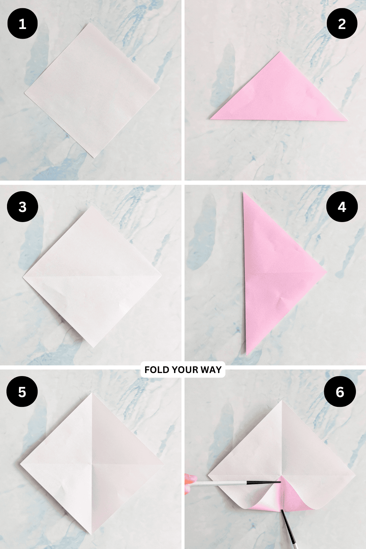Steps 1 to 6 for folding an origami ghost.