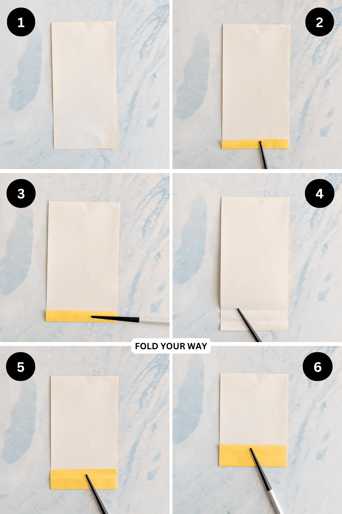 Steps 1 to 6 for folding mini paper handles.