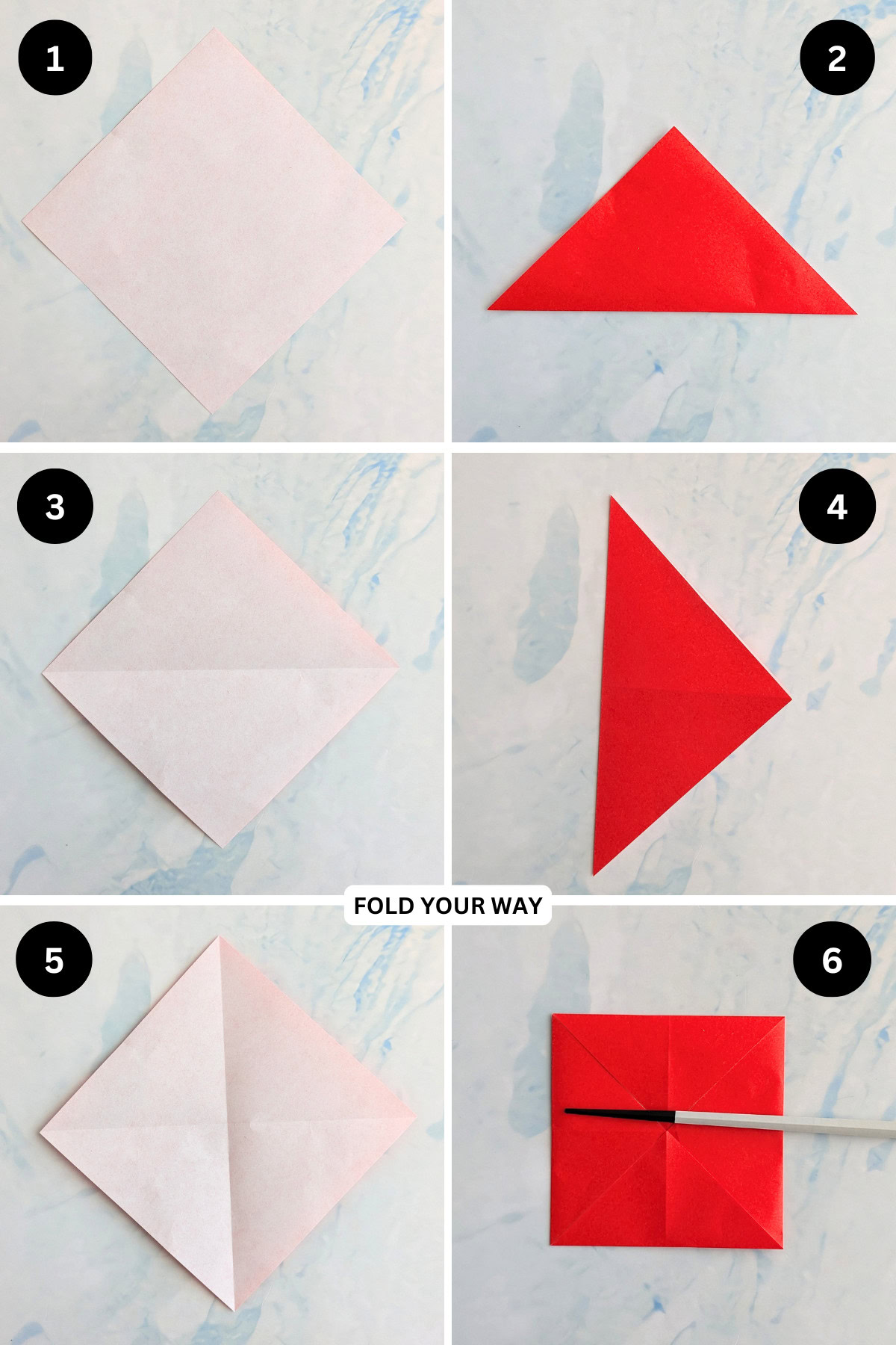 Steps 1 to 6 for folding an origami Santa box.