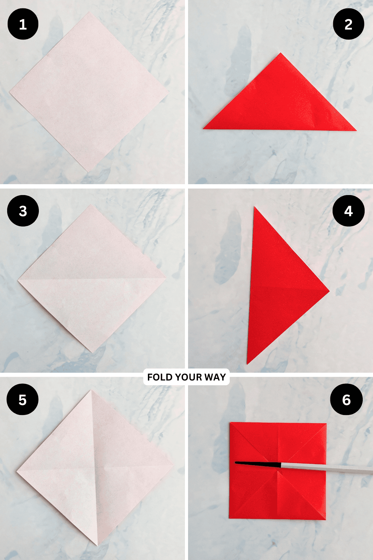 Steps 1 to 6 for folding an origami Santa box.