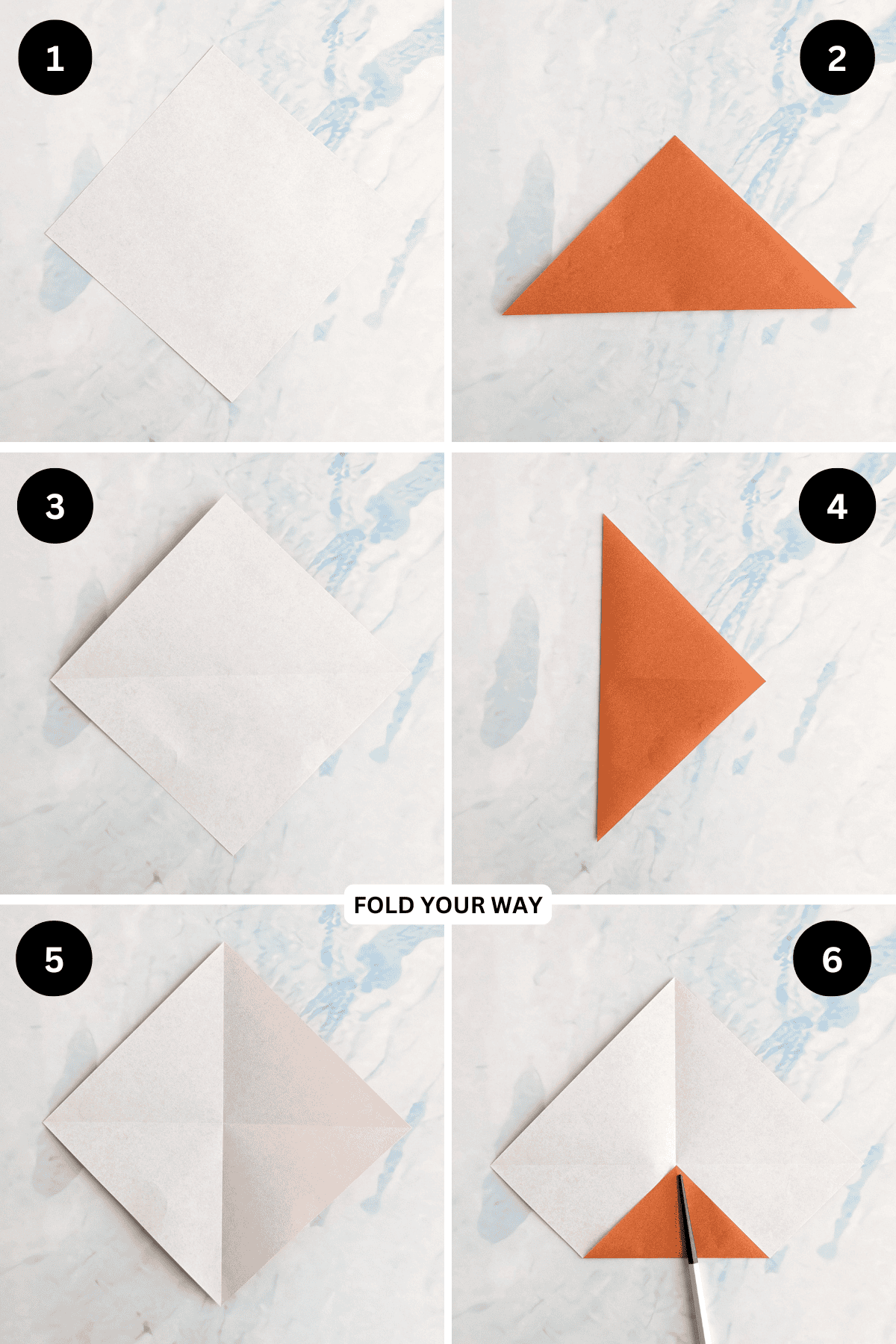 Steps 1 to 6 for folding an origami acorn.