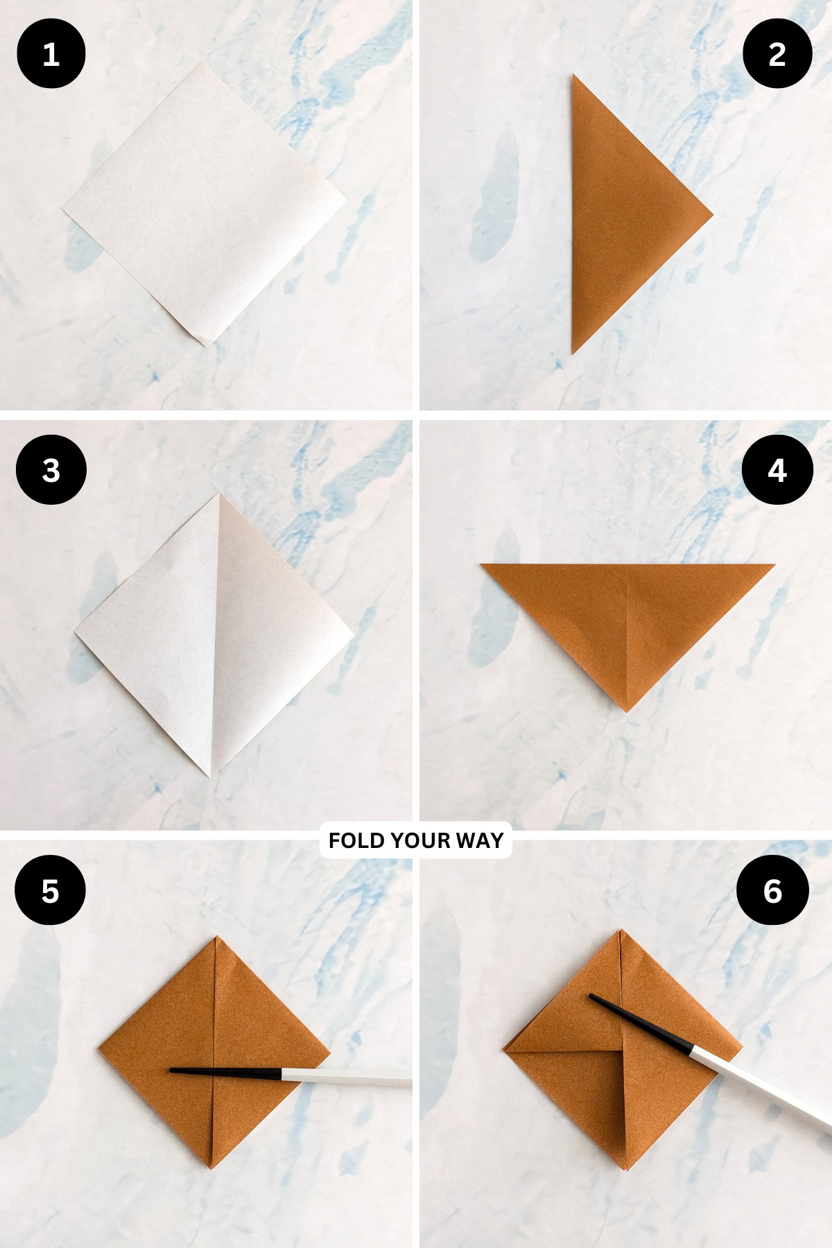 Steps 1 to 6 for folding a samurai hat bookmark.