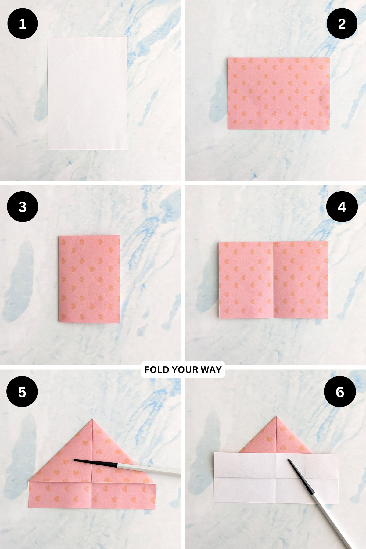 Steps 1 to 6 for folding an origami hat.