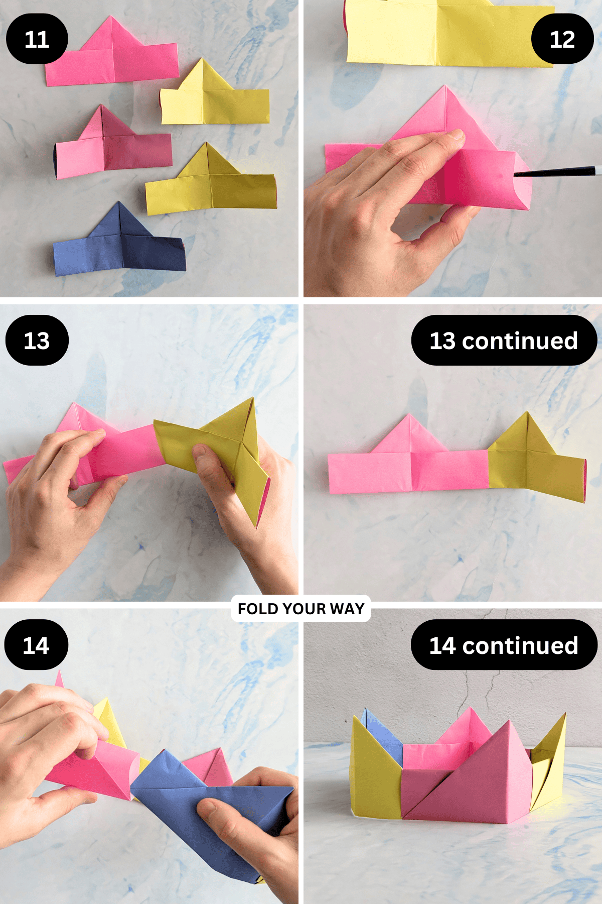 Steps 11 to 14 for folding a paper crown.