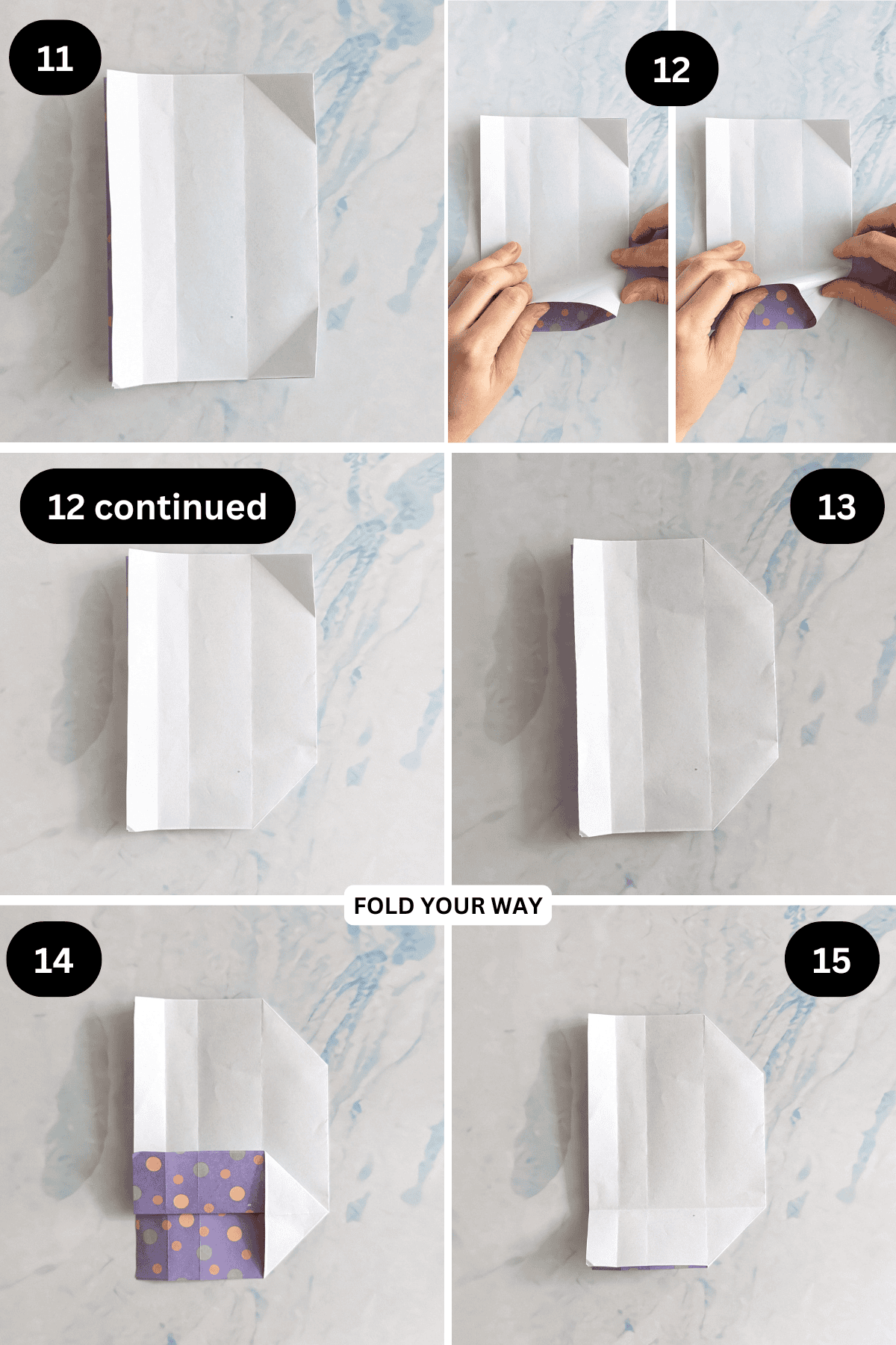 Steps 11 to 15 for folding an origami tray.