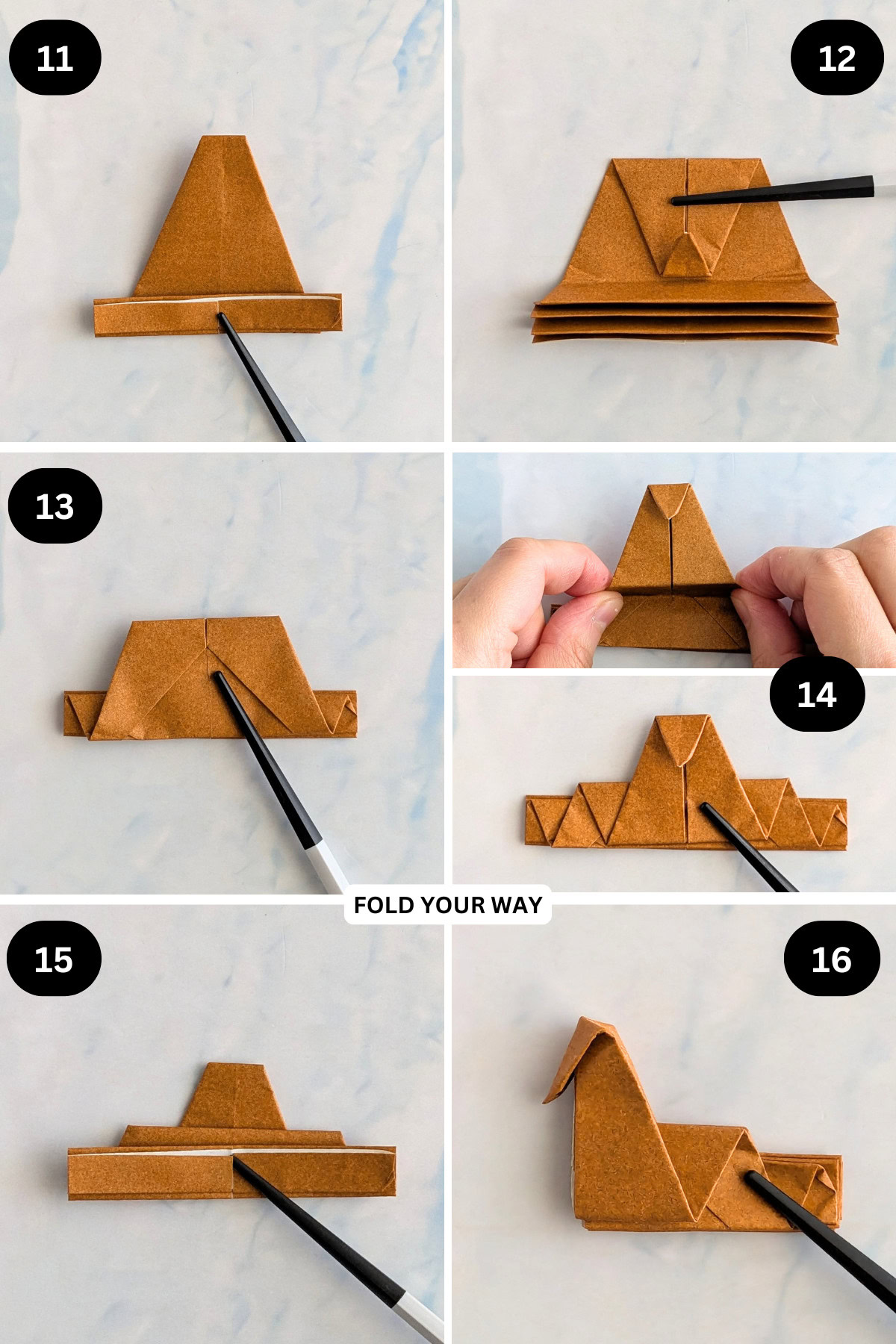 Steps 11 to 16 for folding an origami turkey.