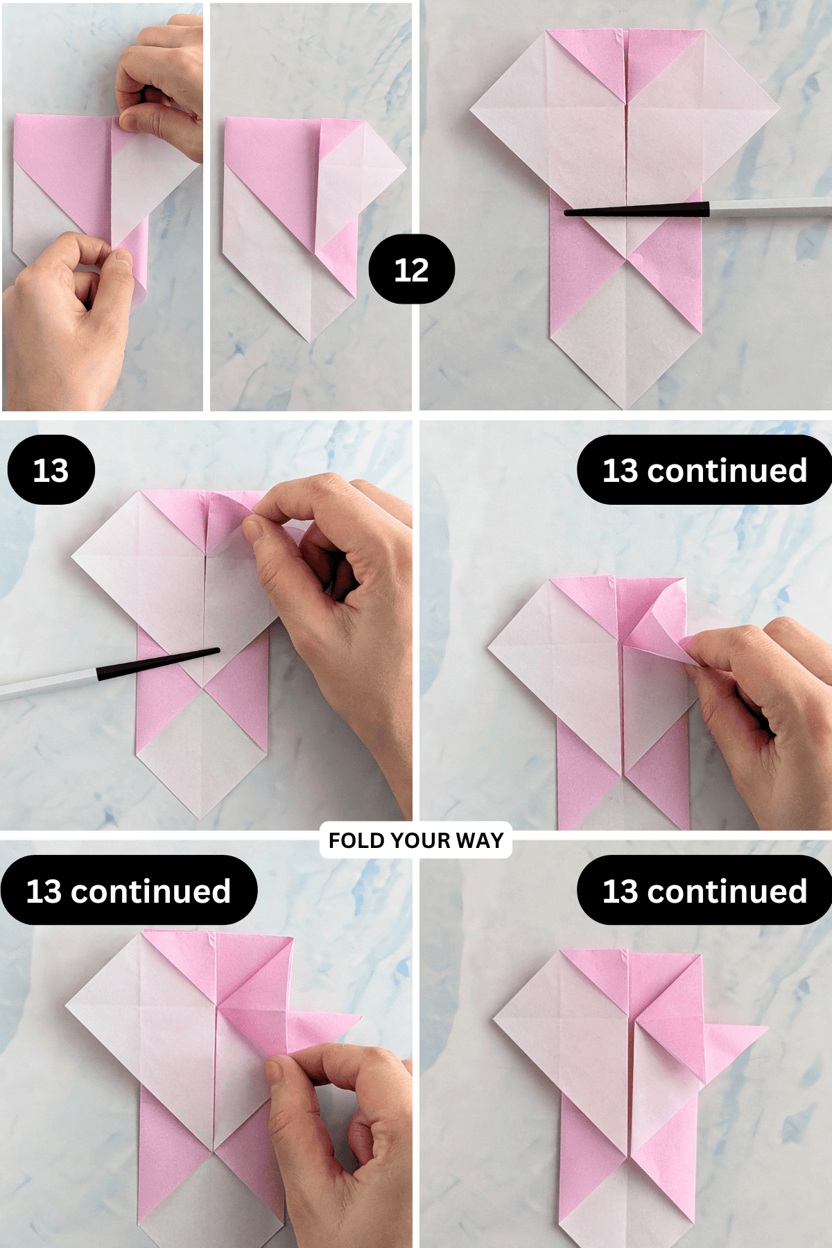 Steps 12 to 13 for folding an origami ghost.