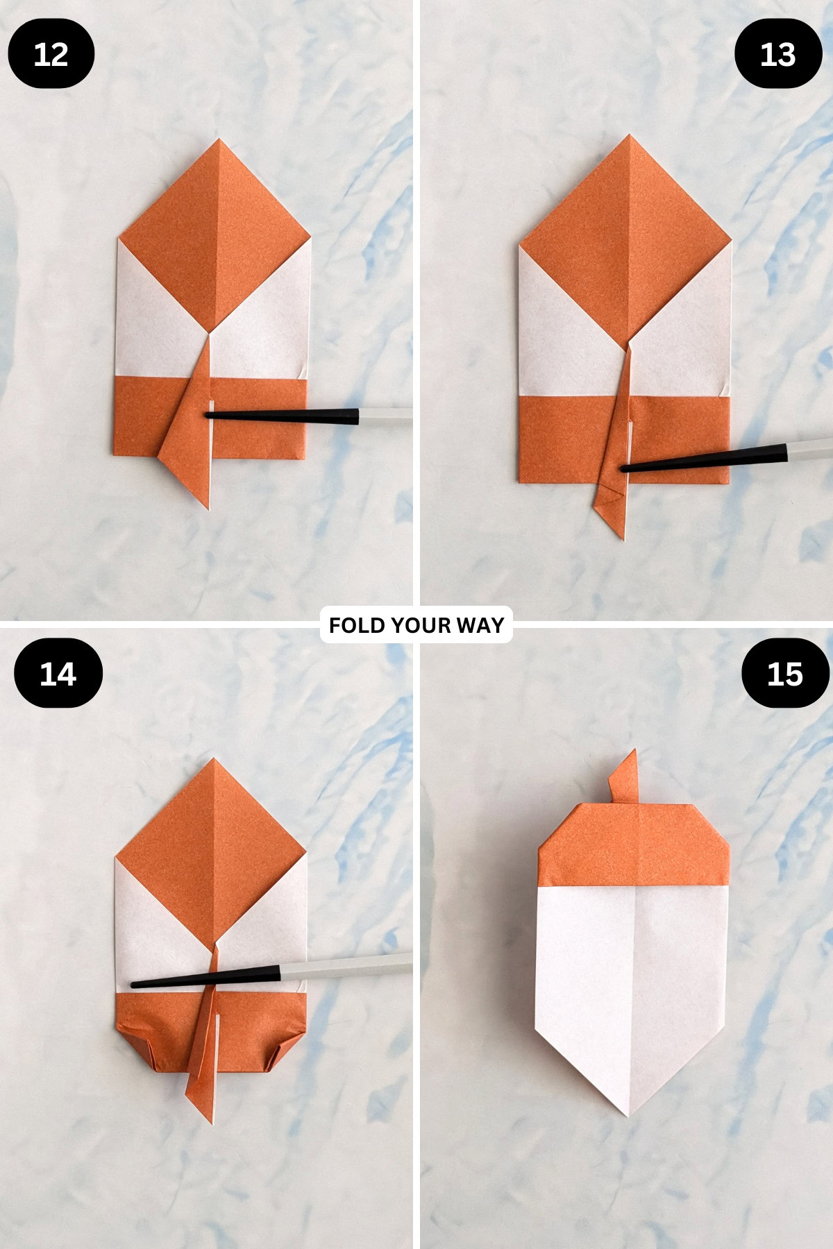Steps 12 to 15 for folding an origami acorn.