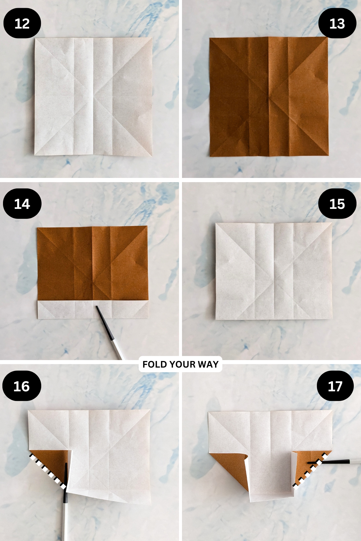 Steps 12 to 17 for folding an origami desk organizer.