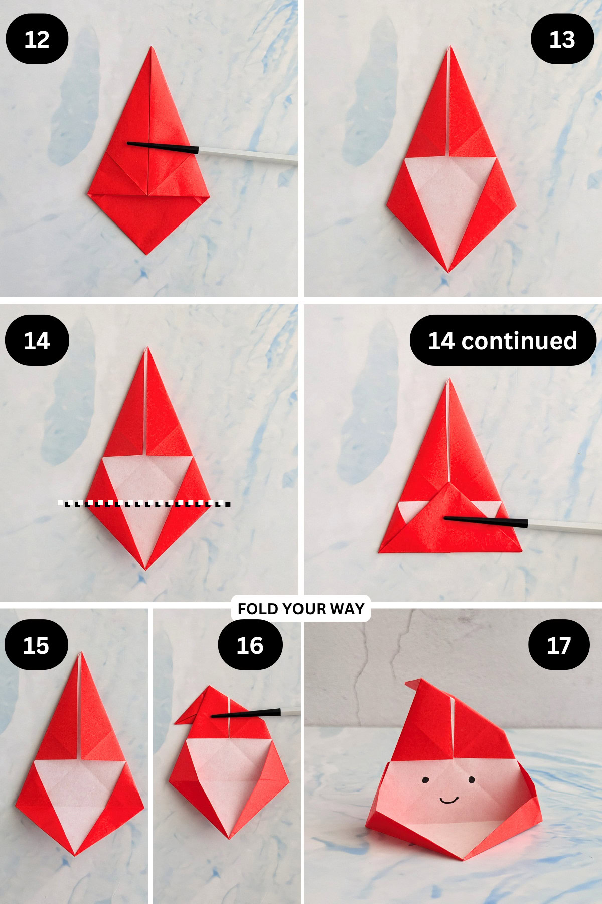 Steps 12 to 17 for folding an origami Santa box.