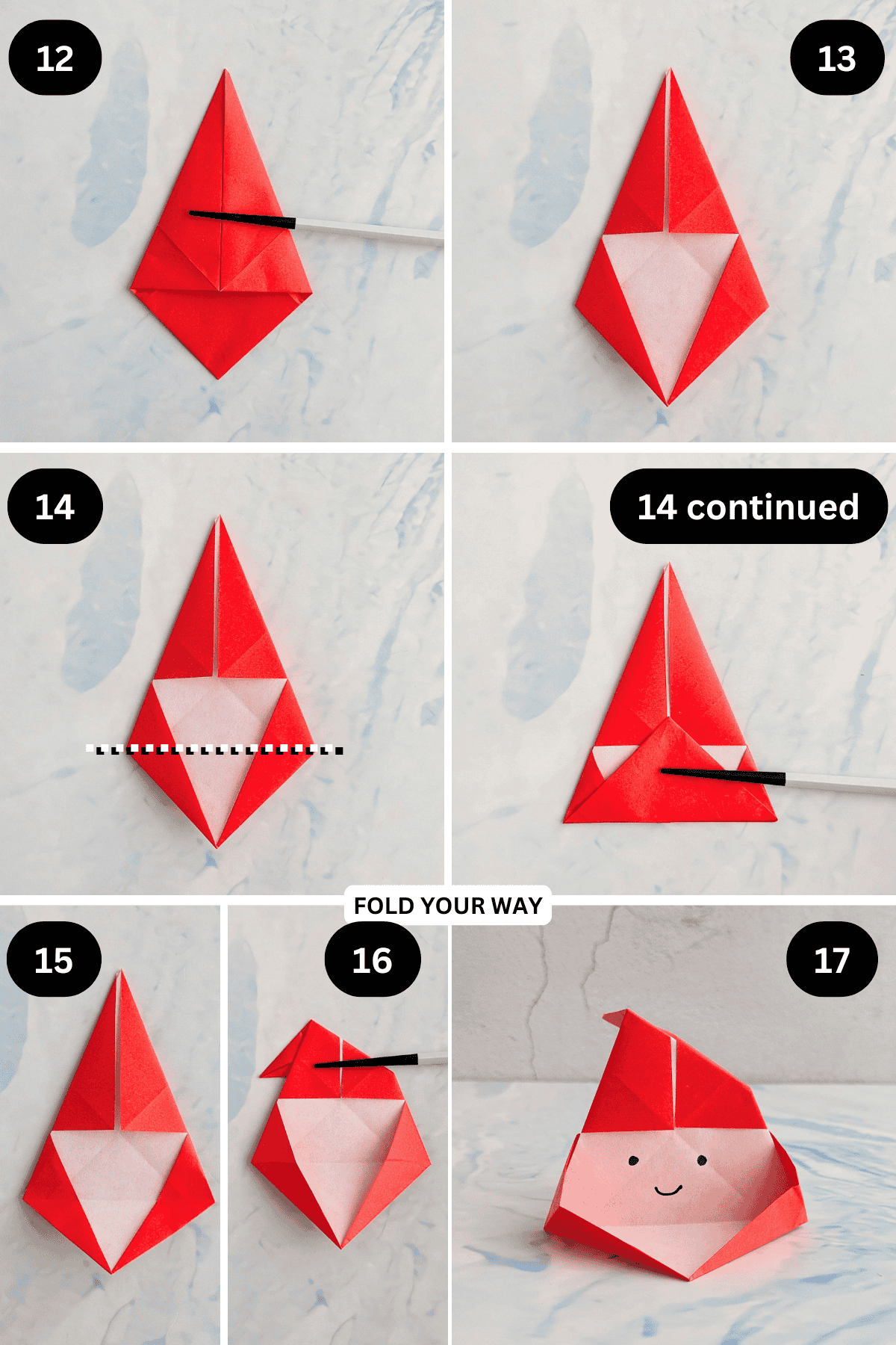 Steps 12 to 17 for folding an origami Santa box.